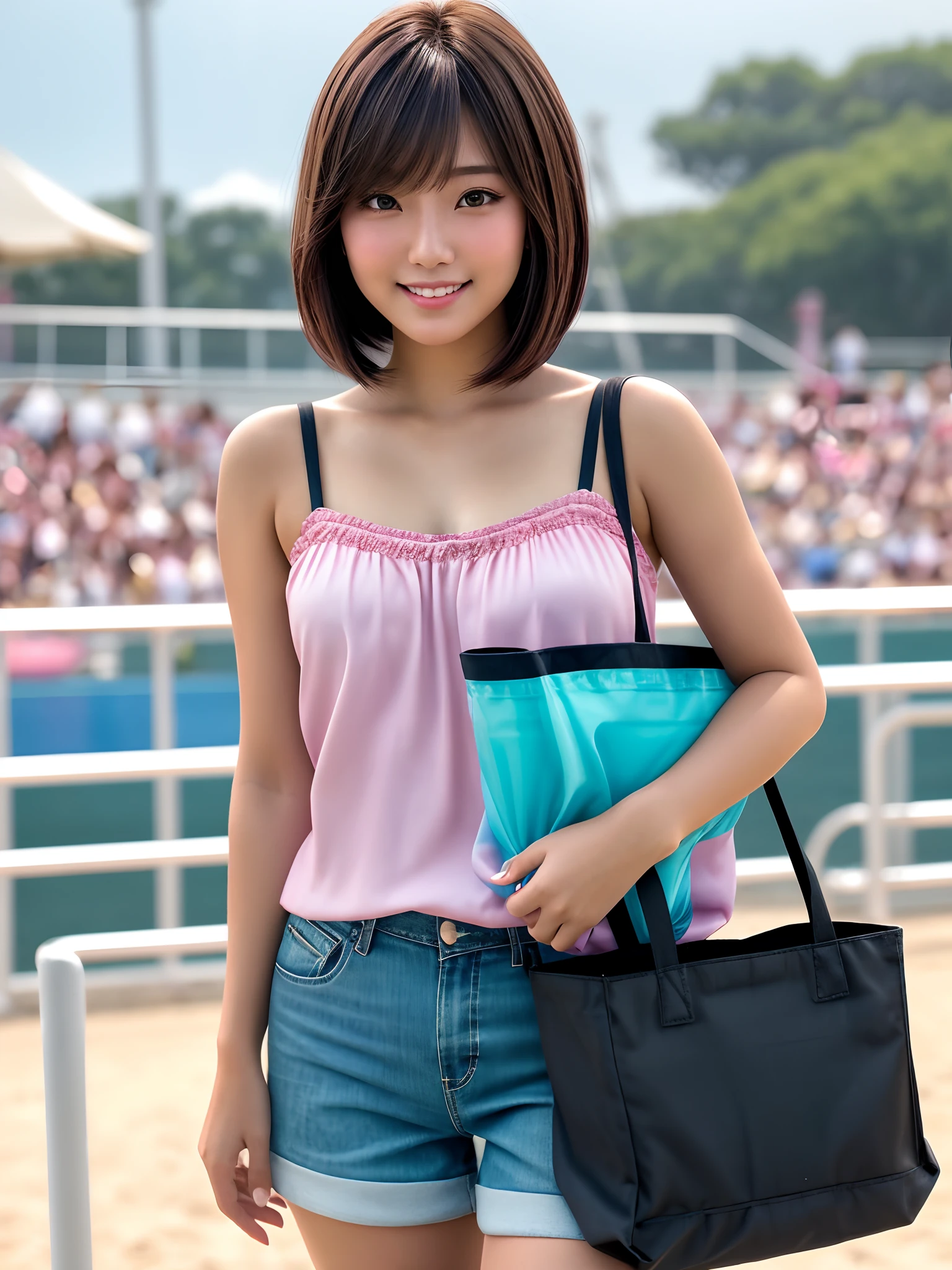 product quality, 1 girl, a cowboy shot, front view, a Japanese young pretty girl, bob hair, carrying a tote bag over her shoulder, glamorous figure, wearing a satin pink camisole, wearing short pants, watching a dolphin show from the crowded bleachers with a big smile at a sea amusement park, hyper cute face, glossy lips, double eyelids for both eyes, natural makeup, shiny smooth light brown bob hair, asymmetrical bangs, tanned skin, central image, high resolution, high detailing, detailed hairstyle, detailed face, cinematic lighting, octane rendering, vibrant, hyper realisitic, perfect limbs, perfect anatomy