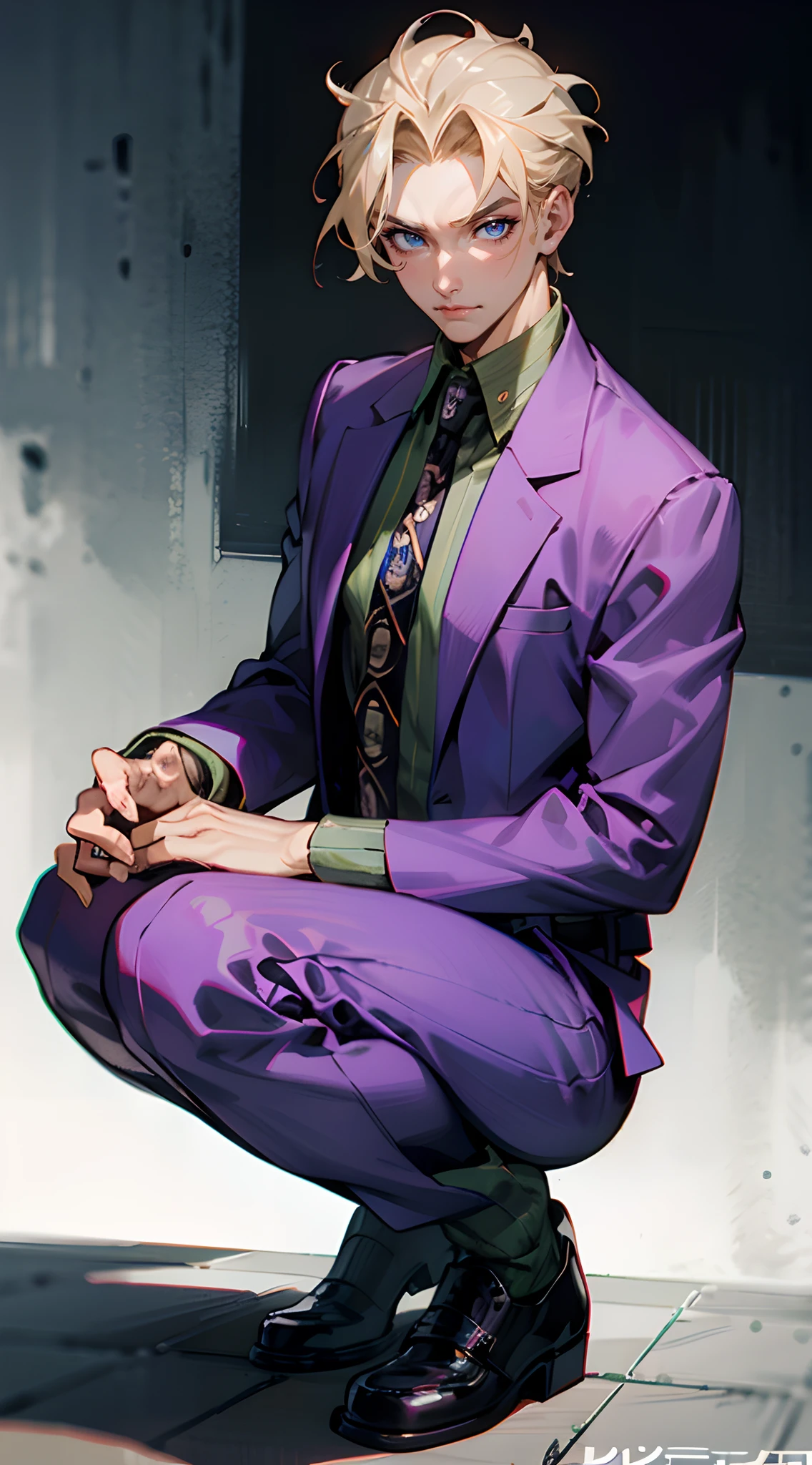 kirayoshikage, kira yoshikage, 1boy, blonde hair, short hair, mature male, cheekbones, blue eyes,
BREAK belt, formal, necktie, shoes, suit, full body, purple suit
BREAK looking at viewer
BREAK outdoors, park, busy street
BREAK (masterpiece:1.2), best quality, high resolution, unity 8k wallpaper, (illustration:0.8), (beautiful detailed eyes:1.6), extremely detailed face, perfect lighting, extremely detailed CG, (perfect hands, perfect anatomy), squatting