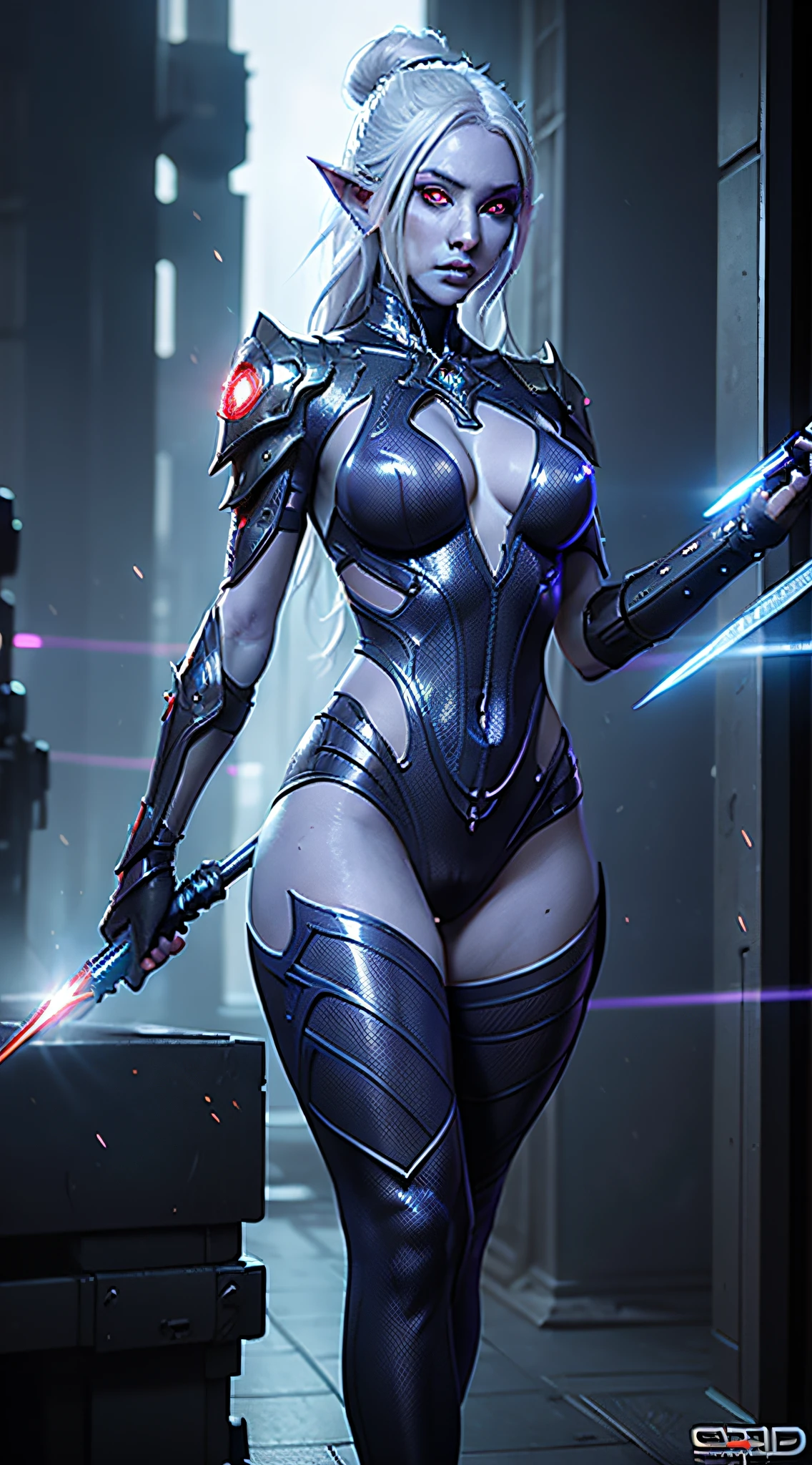 1girl, sexy drow, dark purple-blue skin, pale silver hair bun, ((red eyes)), elf ears, wears ((white sexy cyberpunk sorceress bodysuit)), high heels, wields ((cyberpunk staff)), casts ((light magic)), posing on a busy cyberpunk streer, athletic, volumetric lighting, best quality, masterpiece, realistic, anatomically correct, (strong cinematic lighting), stunning details, intricate details, 8k post-production, High resolution, super details, trending on ArtStation, sharp focus, depth of field f/1.8, studio photos, ((looking at camera))