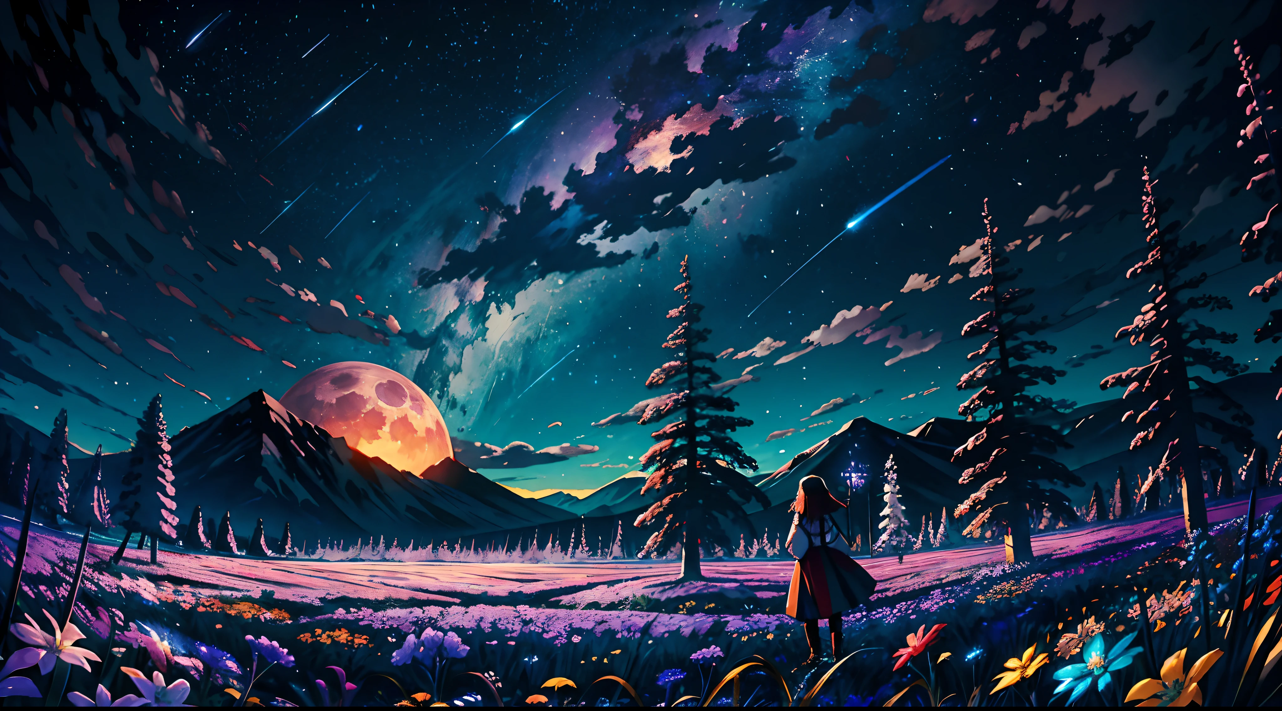 Vast landscape photos、(View from below with a view of the sky and the wilderness below)、shooting stars、Girl standing in a flower field and looking up、(fullmoon:1.2)、(shooting stars:0.9)、(nebulas:1.3)、mountain in the distance、Tree Break Production Art、(Warm color light source:1.2)、(fireflys:1.2)、abajour、Purple and orange、intricate detailes、Volume Lighting BREAK (masterpiece:1.2)、(top-quality)、4K、ultra-detailliert、(The composition of the movement:1.4)、Highly detailed and colorful details(Irridescent color:1.2)、(Glowing lighting、Atmospheric illumination)、dream-like、Magical、(独奏:1.2)、The moon is beautiful、Past Awards、