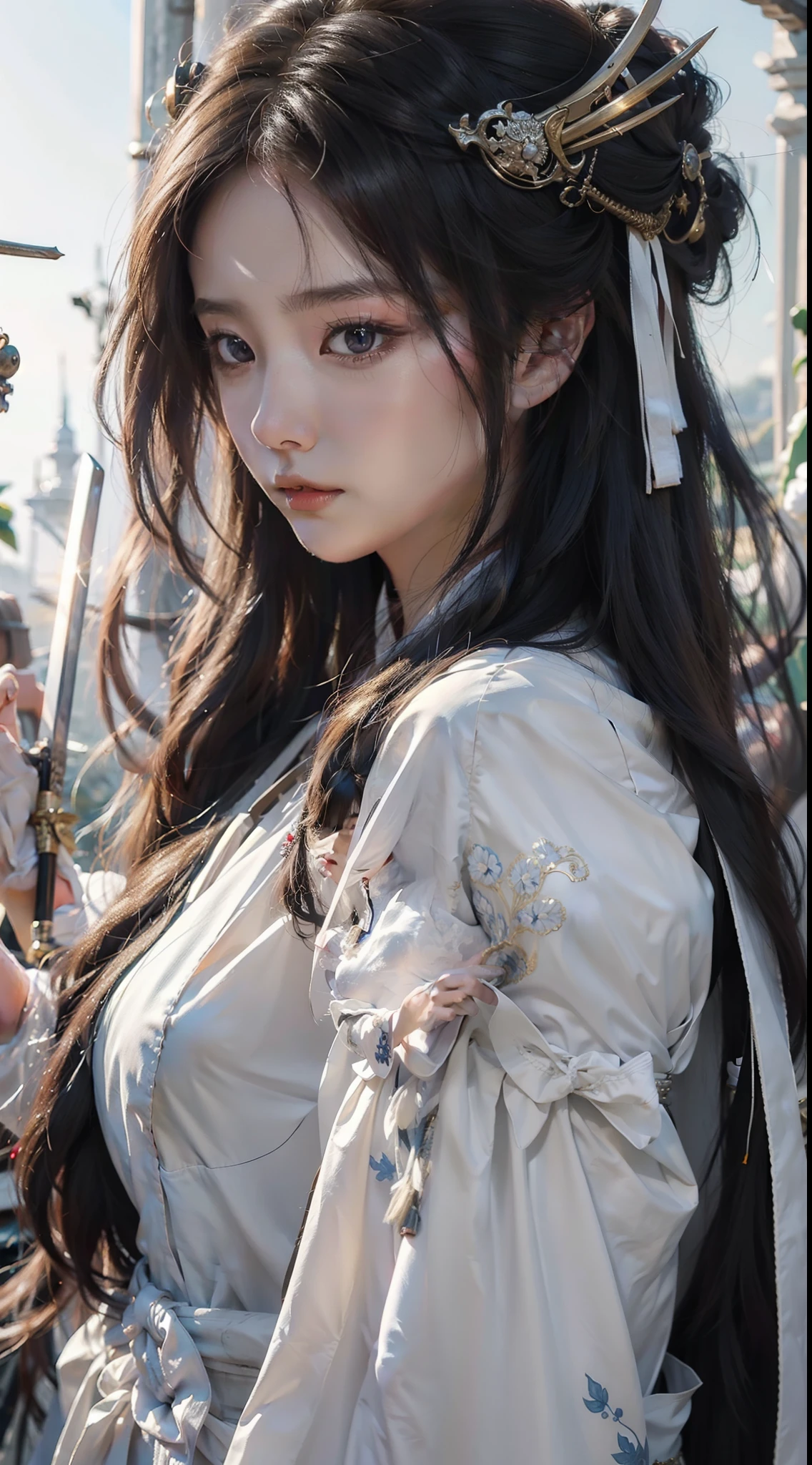 Woman in white dress holding sword in crowd, palatial palace ， a girl in hanfu, flowing hair and long robes, beautiful character painting, by Yang J, Anime Girl with Long Hair, guweiz, holding a sword on her shoulder, a female anime character, she is holding a katana sword, artwork in the style of guweiz