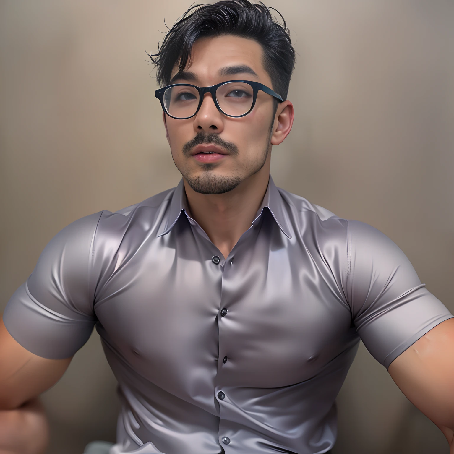 Asian Male,Soio,35 years old,extremely handsome,realisticlying,Brown-skinned,eye glasses,Metallic Silver Full Body Tights,mustache,perspiring,The erection,huge-penis,cum shots,Glossy silver silk satin,Enraptured look,Sigh,put out the tongue,well-muscled,A detailed face,A detailed face,Detailed body,top-quality,An ultra-high picture quality,highly accurate,Appreciation of masterpieces