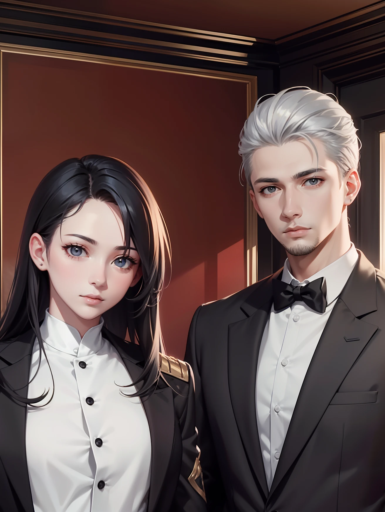 Attractive profile picture, masterpiece, ultra-precise rendering, beautiful and cool young woman and young man, trustworthy, dependable young woman, savior of the world, simple design, most beautiful image, 4K, grey hair, beautiful woman, handsome man, clean skin, facial hair