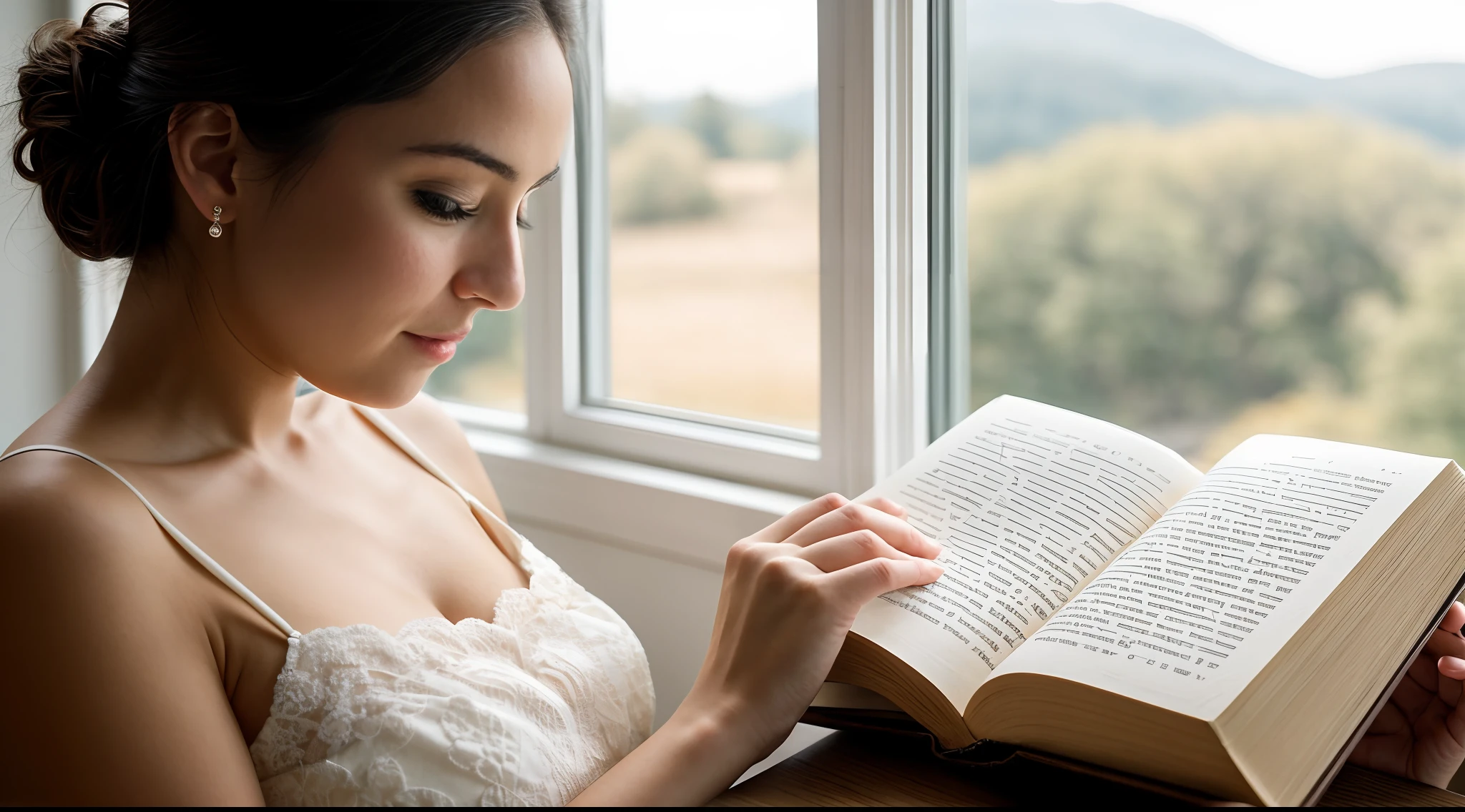 instagram photo, closeup face photo, The elegance of a woman's hands delicately turning the pages of a book, each gesture a reflection of her connection to the written word, Sony A7R III with 50mm f/1.8 lens, diffused window light, storytelling photography.