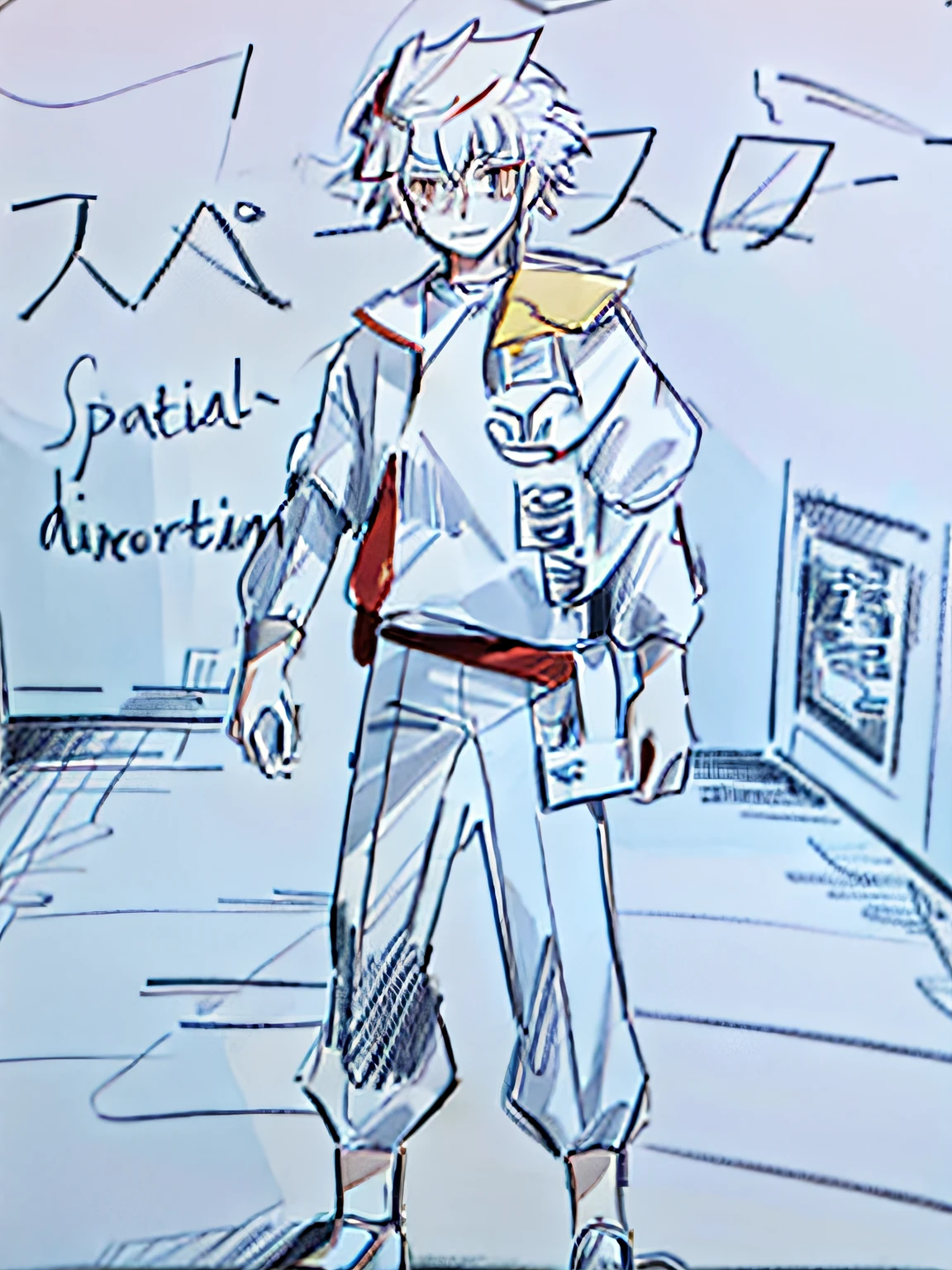 Red and white hair，Yellow and white clothes，grey pants
