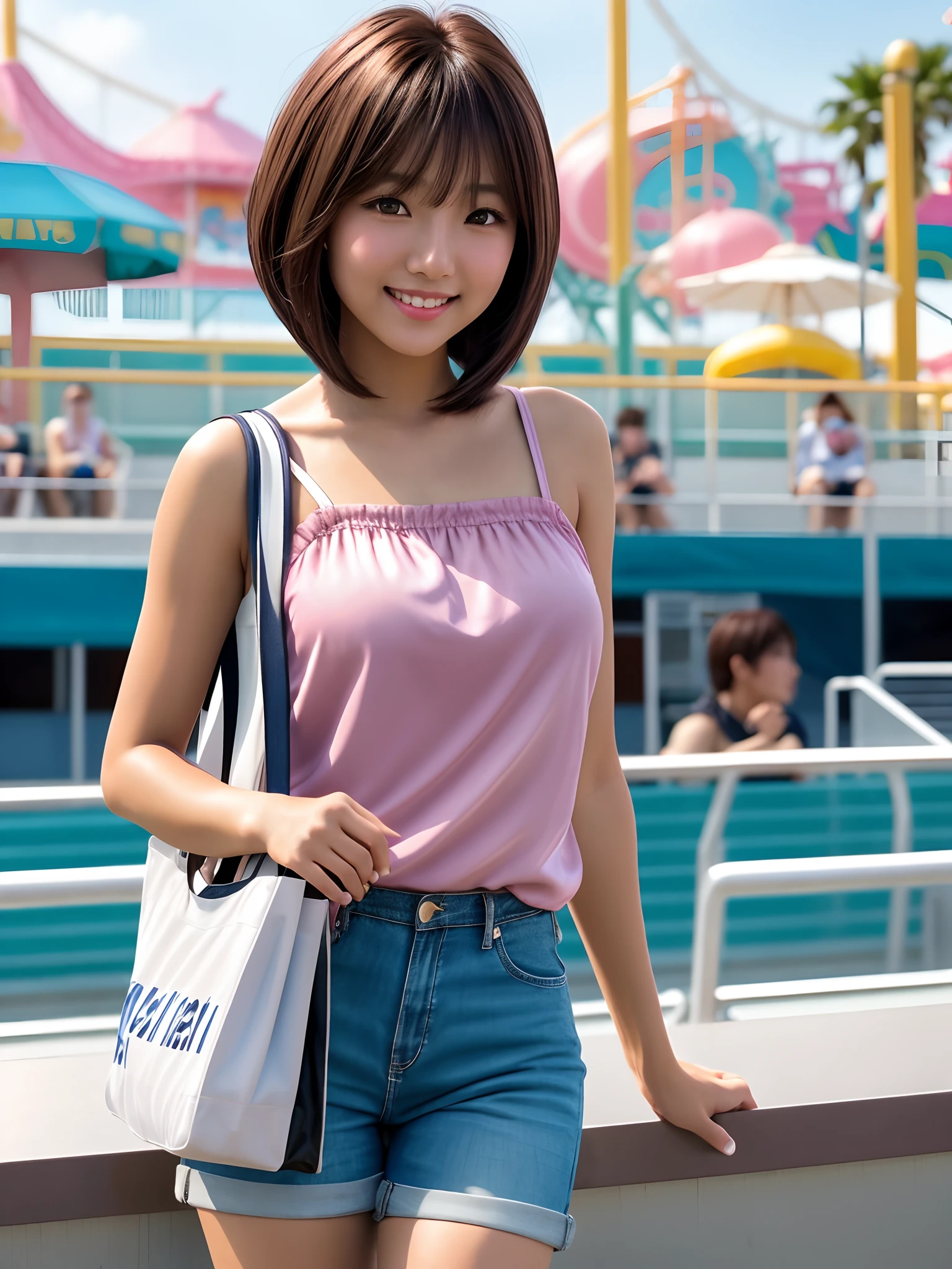 product quality, 1 girl, a cowboy shot, front view, a Japanese young pretty girl, bob hair, carrying a tote bag over her shoulder, glamorous figure, wearing a satin pink camisole, wearing short pants, watching a dolphin show from the crowded bleachers with a big smile at a sea amusement park, hyper cute face, glossy lips, double eyelids for both eyes, natural makeup, shiny smooth light brown bob hair, asymmetrical bangs, tanned skin, central image, high resolution, high detailing, detailed hairstyle, detailed face, cinematic lighting, octane rendering, vibrant, hyper realisitic, perfect limbs, perfect anatomy