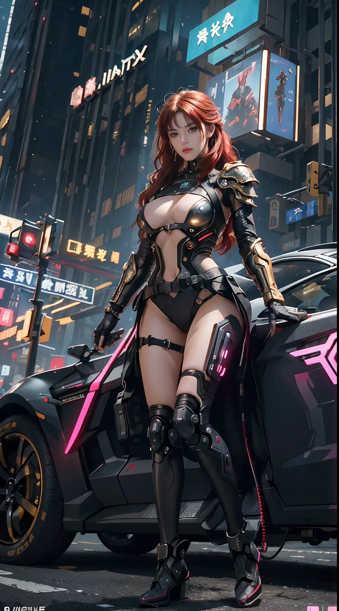 Best Quality)), ((Masterpiece)), (Very Detailed:1.3), 3D, Beautiful (Cyberpunk:1.3)), 1 girl, full body, curly red hair, big breast, slender body, slender hips, big breasts, Dynamic pose, leaning forward, front view, from below, wearing full gold((heavy cyberpunk armor)) with neon trim, (head-mounted displays), fiber optic cables, company logos, science fiction, Night Cyberpunk city background, Gantz, In the Style of Cyberpunk 2077, Ultra realistic photo, masterpiece, best quality, CG, wallpaper, HDR, high quality, high-definition, extremely detailed, {beautiful detailed face}, {beautiful detailed eyes}, (detailed light){{intricate detail}}, {highres}, ((detailed face)), neon light, chiaroscuro, key visual, intricate detail, highly detailed, breathtaking, vibrant, cinematic, low ISO, white balance, rule of thirds, wide aperture, 8K RAW, efficient sub-pixels, subpixel convolution, luminous particles,