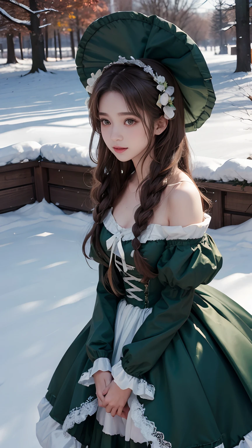8K, best qualtiy, masterpiece, photograph realistic, Hide your face with happiness, dark green ta costume, Lace, Aerith Gainsborough, whole body, undergarments, exposed bare shoulders, do lado de fora, outside, Covered with snow, cloaks, high high quality, Adobe Lightroom, highdetailskin, looking at viewert,