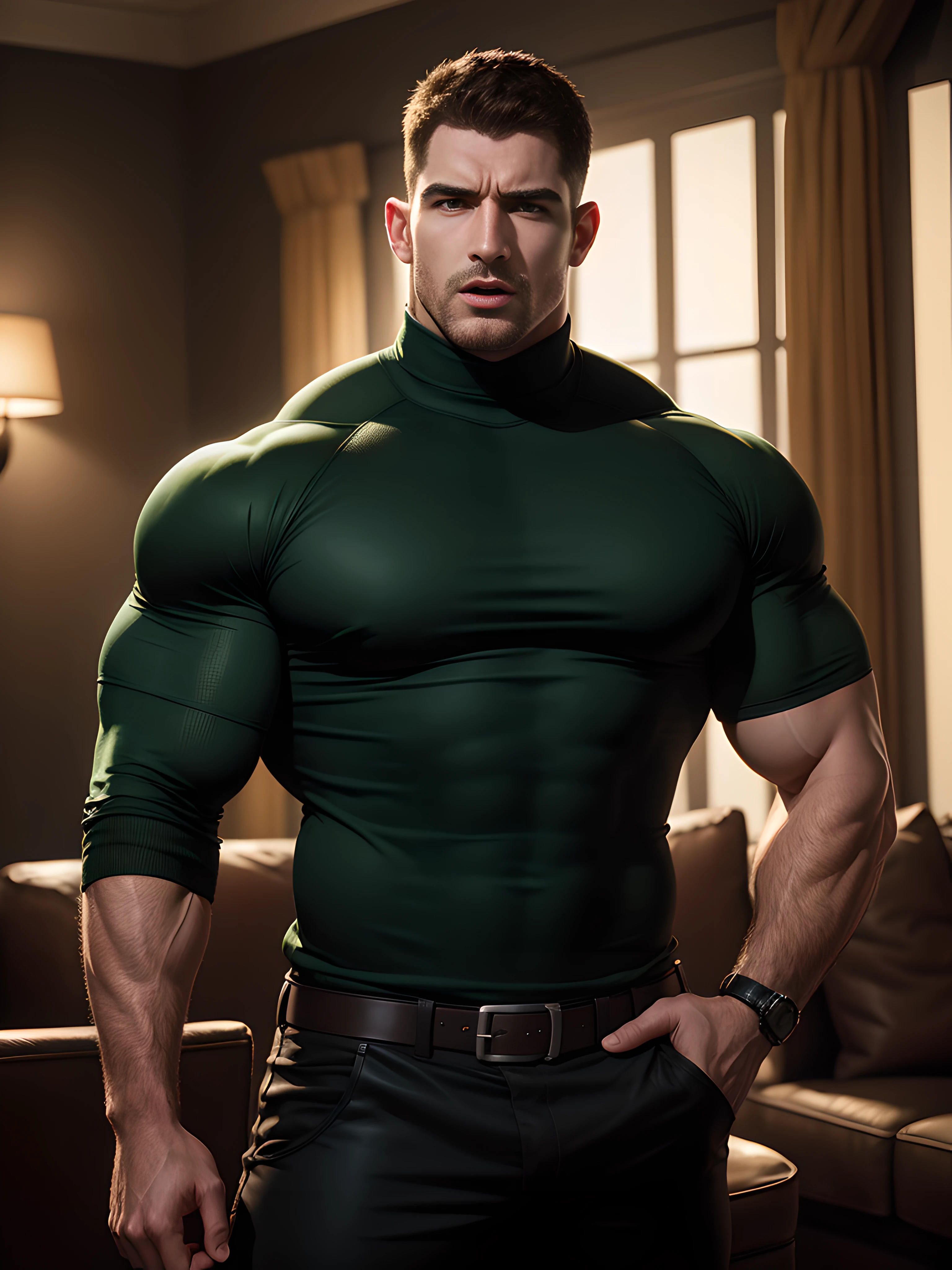 Muscular security guard with open mouth，Resident Evil - Chris Redfield，He wears a long-sleeved turtleneck sweater，He had sad eyes in his eyes，Grievanced frown，Emerald charming eyes，Tall and burly，musculous！Tall, Burly and strong， Extremely detailed depiction of faces，Exquisite facial features，super gain and cool， commission for high resolution， Attractive strong men，His luxurious living room