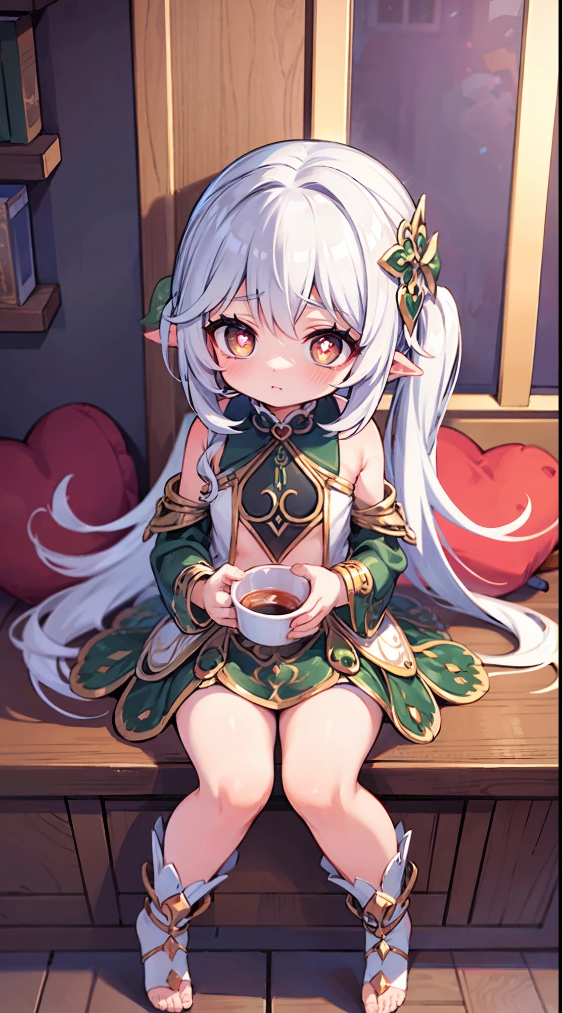 Nasida，flatchest，long  skirt，Sitting down， A cup，High detail, Heart-shaped pupils，Love pupils，cropped shoulders，Lots of hearts，Fleshy thighs,highly rendered，detailed face with