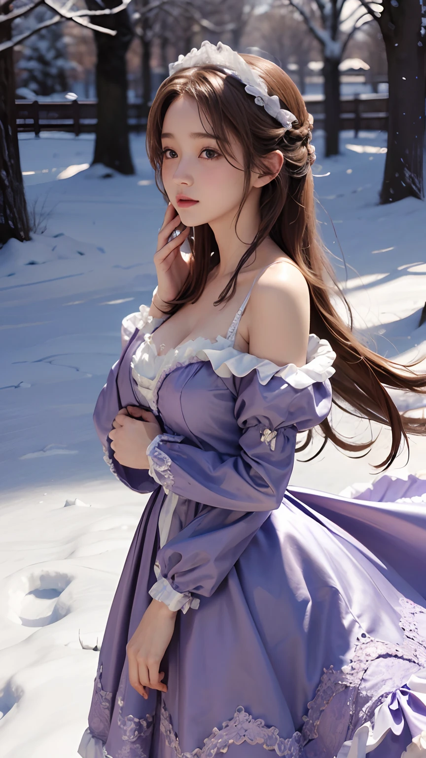 8K, best qualtiy, masterpiece, photograph realistic, Hide your face with happiness, purple Lolita costume, Lace, Aerith Gainsborough, sitting, whole body, undergarments, exposed bare shoulders, do lado de fora, outside, Covered with snow, cloaks, high high quality, Adobe Lightroom, highdetailskin, looking at viewert,