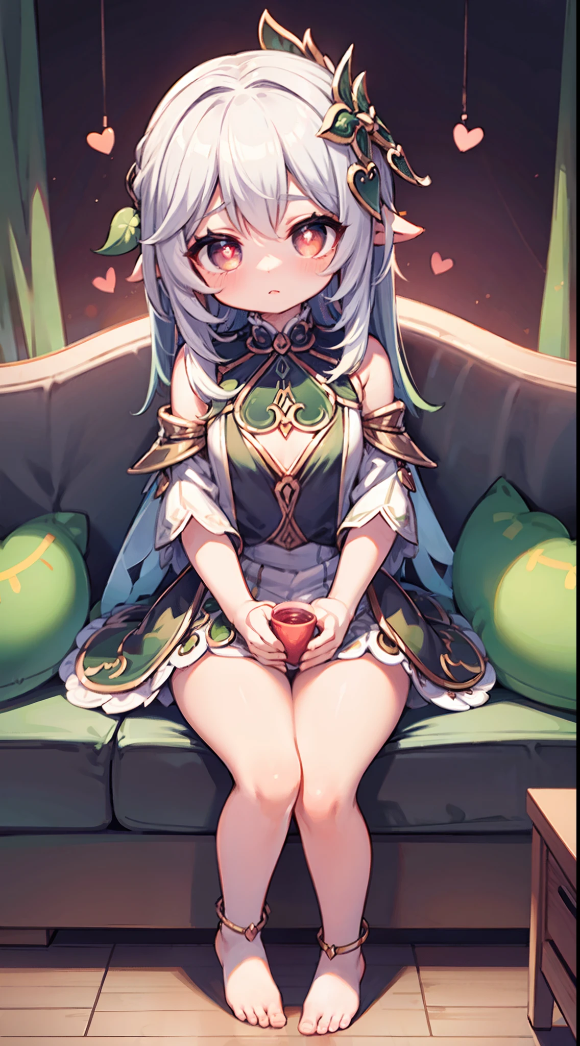 Nasida，flatchest，long  skirt，Sitting down， A cup，High detail, Heart-shaped pupils，Love pupils，cropped shoulders，Lots of hearts，Fleshy thighs,highly rendered，detailed face with