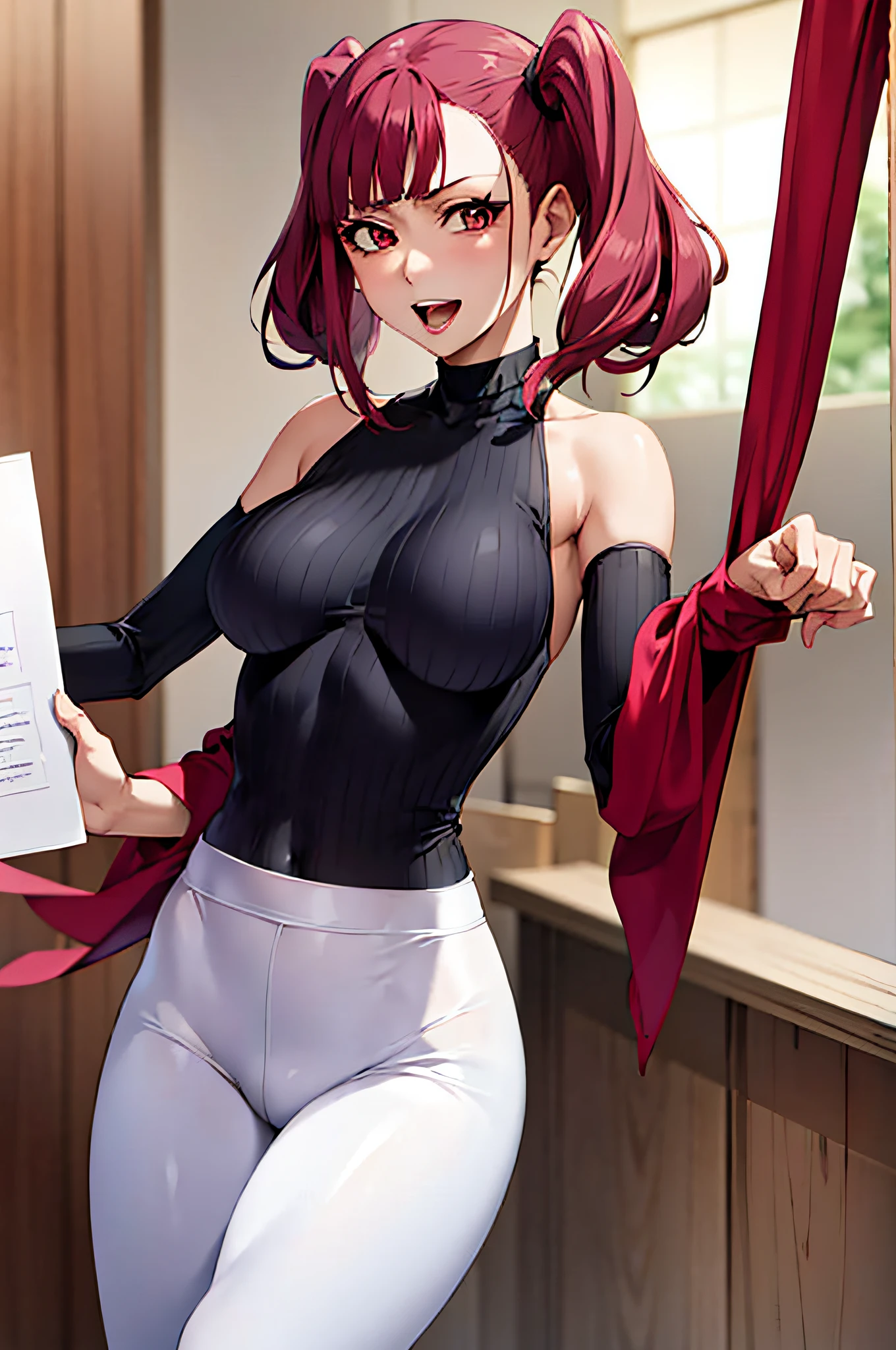 "Portrait of Riruka Dokugamine in her 20s, showcasing outstanding craftsmanship and unparalleled quality. She is seen wearing a form-fitting pink top and stylish grey leggings, with her ample bosom accentuated. Her expression radiates pure joy and happiness."