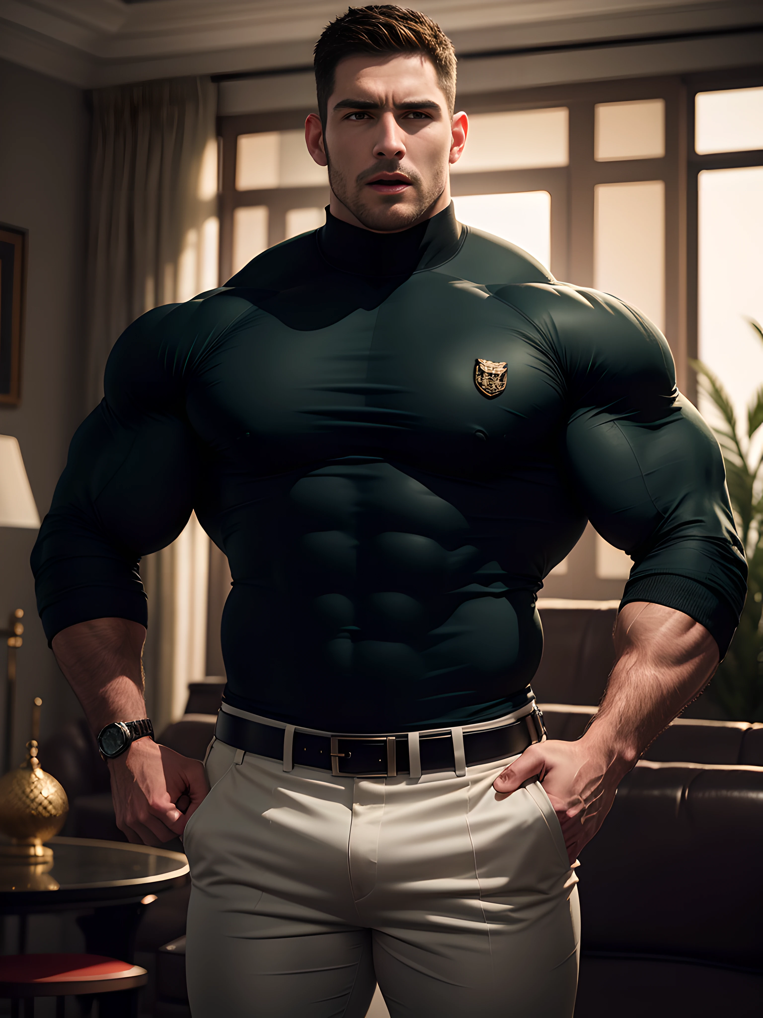 Muscular security guard with open mouth,Chris Redfield,He wears a long-sleeved turtleneck sweater,He had sad eyes in his eyes,Grievanced frown,Emerald charming eyes,Tall and burly,musculous!Tall, Burly and strong, Extremely detailed depiction of faces,Exquisite facial features,super gain and cool, commission for high resolution, Attractive strong men,His luxurious living room