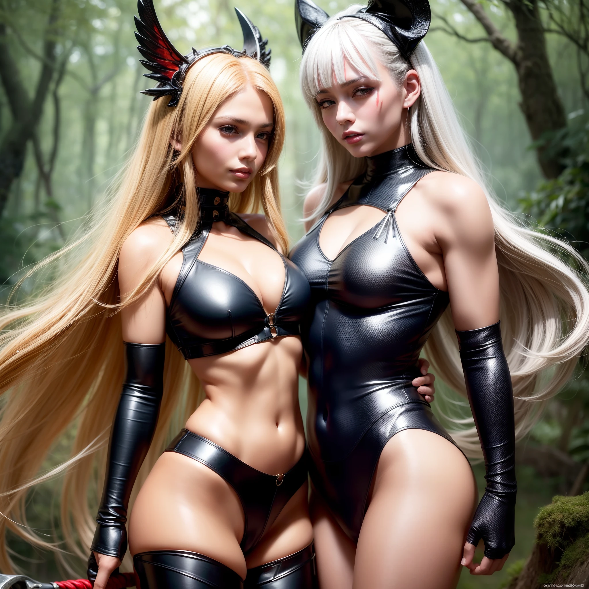 (Photorealistic:1.2), (Extremely Detailed:1.2), (8K Resolution), (Best Quality), (Masterpiece), full body portrait depicting two stunning, tall, athletic Amazon warriors posing together in a lush fantasy forest glen. On the left, a fierce warrior with sharply defined muscles, flawless glowing tan skin, intense green eyes lined with black war paint, long straight golden blonde hair braided down her back, wearing a skimpy red leather brassiere lined with gold accents that exposes her toned midriff, and a matching short skirt over bronze greaves that extend to her knees. She wields a massive double-bladed bronze battleaxe, teeth gritted, ready to strike. On the right, an equally fierce black-haired warrior, icy blue eyes, alabaster skin with scarlet war paint crossing her face, elaborately braided hair falling over one shoulder, wearing a dark blue leather chest harness decorated with silver buckles over defined abdominals, tight black leather pants, and knee-high black leather boots. She grins wildly while grasping the hilt of an enormous greatsword. Both exude power and intensity. Inspired by Frank Frazetta's dramatic 1970s fantasy art style