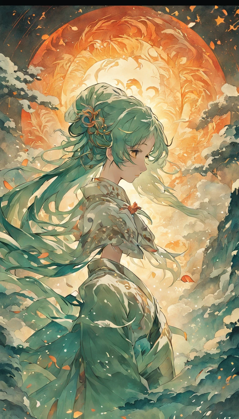 (White background:1.4),(Solon's silhouette, Eyes closed, Long green hair, Oriental elements),(Chinese illustration:1.3,paper art:1.3, Quilted paper art:1.2),( reasonable design, Clear lines, High sharpness,Best quality, Very detailed, Masterpiece, movie light effect, 4K )