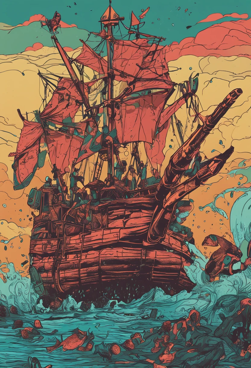 giant ship, hyena figurehead, style one piece manga, pirate ship, large galleon, hyena skull figurehead, cannons, colors, heavy metal style, skull, hyena bow, the bow has the head of a hyena, front view from side and back, yellow violet pink and neon green colors, gray background