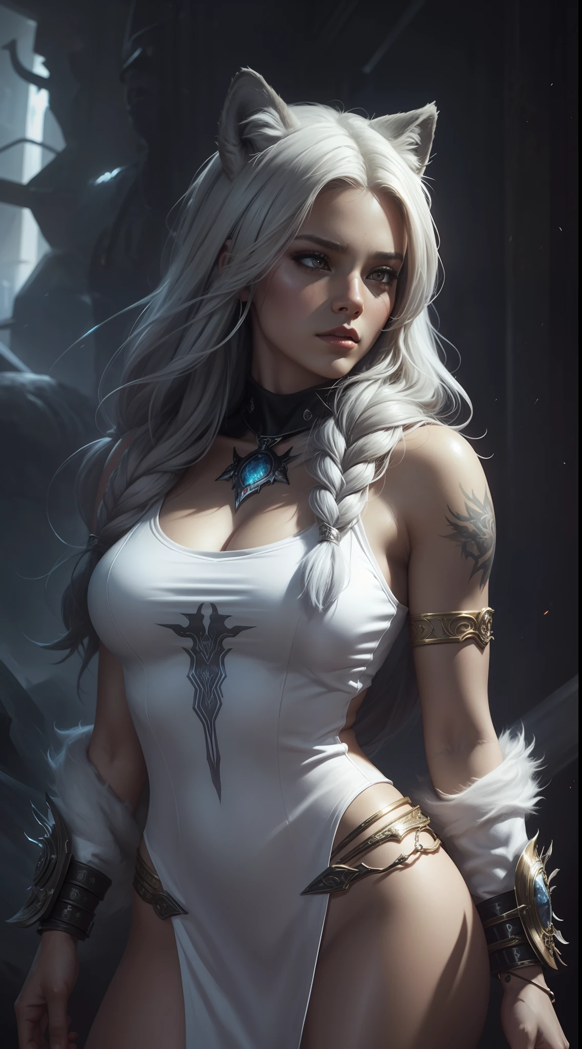 unreal engine:1.4,UHD,Best quality:1.4, photorealistic:1.4, skin texture:1.4, masterpiece:1.8,Una mujer con ropa de lobo y pelo de lobo blanco, gorgeous digital painting, digital fantasy portrait, Mujer joven con cabeza de lobo, Fantasy Art Portrait, Magnificent digital art, Impresionante pintura digital, Alena Aenami y Artgerm, beautiful fantasy art portrait, Atractiva chica lobo blanco, Hermosa obra de arte digital, inspirado por Magali Villeneuve