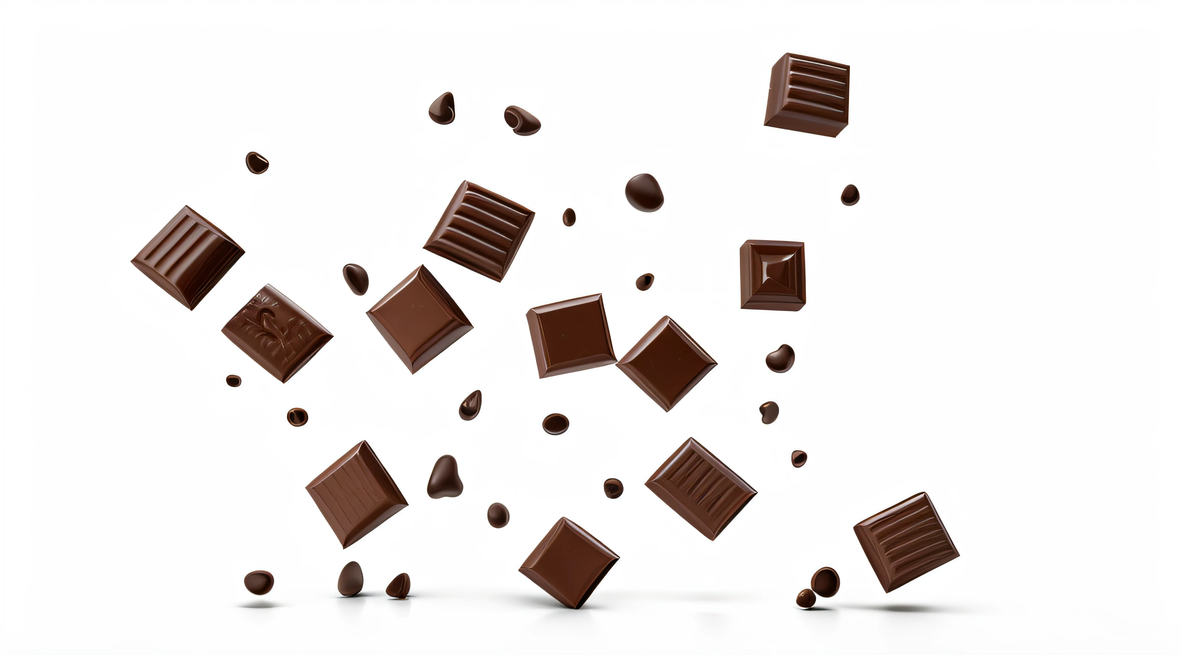 Chocolate chips fall on a white surface,white backgrounid, chocolate. Highly detailed, chocolate, leaked image, Bricks fly, The bricks fly outward, high quality product image”, computer generated, particles floating, istock, keygen, fully chocolate, best on adobe stock, Scattered in the void, rendered in arnold, stockphoto, rendering, caramel