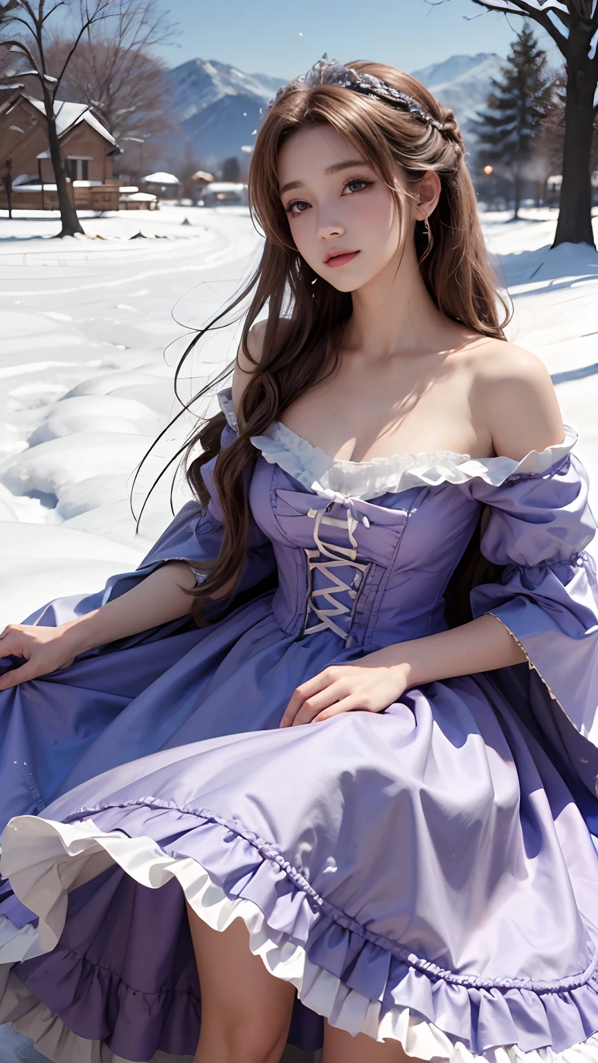 8K, best qualtiy, masterpiece, photograph realistic, Hide your face with happiness, purple Lolita costume, Lace, Aerith Gainsborough, whole body, undergarments, exposed bare shoulders, do lado de fora, outside, Covered with snow, cloaks, high high quality, Adobe Lightroom, highdetailskin, looking at viewert,