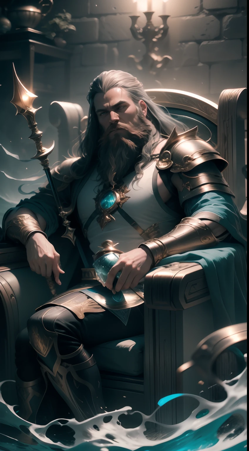 King of Water, Long hair and beard, Holds a short scepter in his left hand，Holding a decorative cup in his right hand, sat in his throne, Set at sea. trending on artstationh. fantasy, magical, mistic, See the immortals, Ethereal, Sublime atmosphere, Dreamlike, insanely detailed and intricate, Matte painting, Dramatic lighting, 70mm lense, Detail Love, Good quality, rendering by octane, Unreal Engine 5, Photorealistic, epic look at your scene, Biblical Cinematic Universe.Tilt Blur, shutter speed.