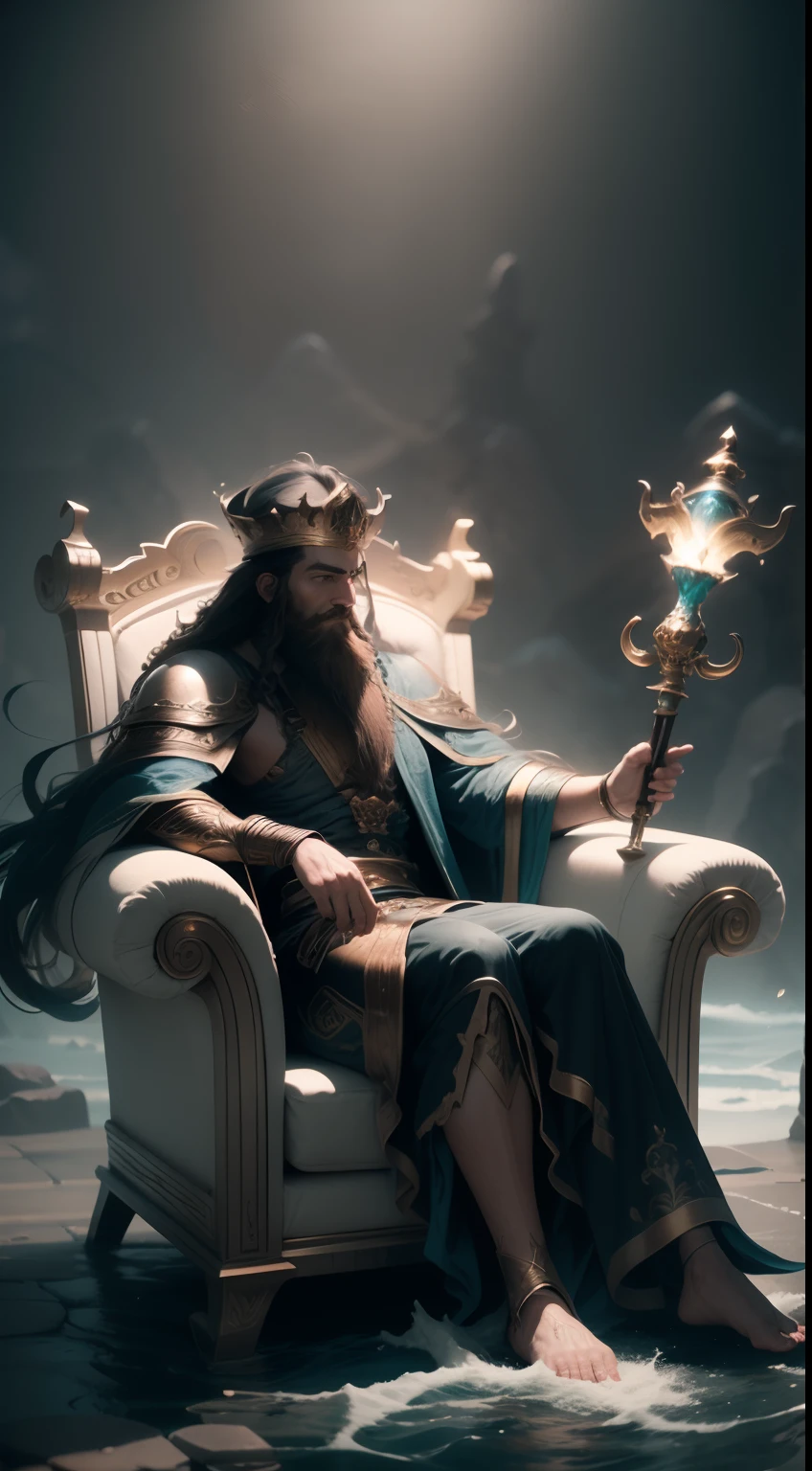 King of Water, Long hair and beard, Holds a short scepter in his left hand，Holding a decorative cup in his right hand, sat in his throne, Set at sea. trending on artstationh. fantasy, magical, mistic, See the immortals, Ethereal, Sublime atmosphere, Dreamlike, insanely detailed and intricate, Matte painting, Dramatic lighting, 70mm lense, Detail Love, Good quality, rendering by octane, Unreal Engine 5, Photorealistic, epic look at your scene, Biblical Cinematic Universe.Tilt Blur, shutter speed.