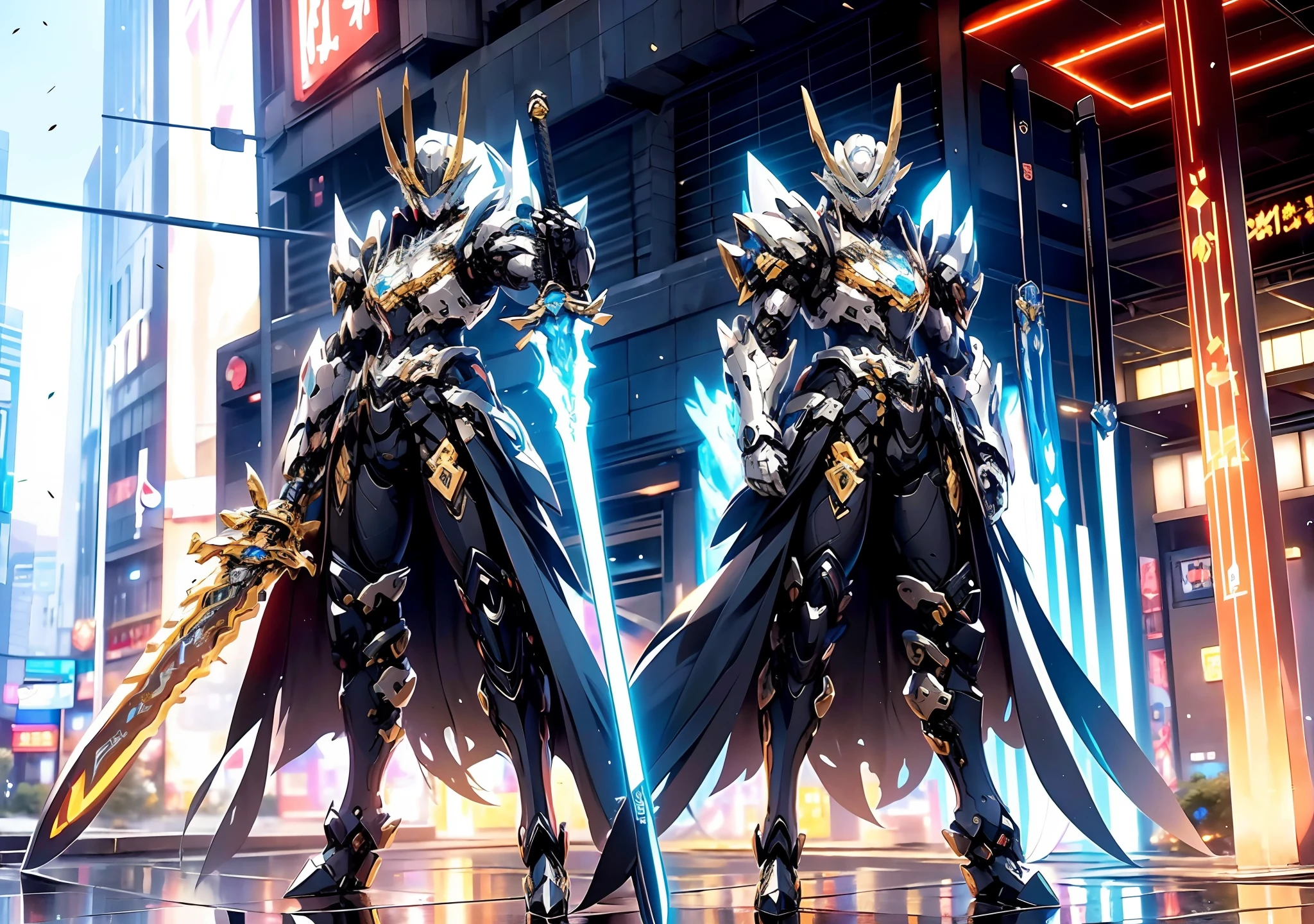 super wide shot, Full body frontal photo,Alphard image of a mecha female warrior, from girls frontline, Mecha warrior style, girls frontline universe, Fine details. Girl front, in mecha style,Fighting posture,giant mecha,(Smooth surface),Cyberpunk-city,White is the main color,With brown、Decorative color of gold,。There are powerful thrusters,(crystal:1.3),(((巨作))),(((Best quality))),((ultra - detailed))((Extremely detailed CG)),((16K resolution))((An extremely delicate and beautiful)),{Photorealistic},Full of detailed light blooms,A masterpiece from the Canon EOS R6 shooting,((tmasterpiece)) ,电影灯光,独奏,Unreal Engine 5,(Japanese Katana Sword,Superb craftsmanship、Elegant and powerful katana。The blade is slender and graceful,Built with futuristic technology。The body of the knife is carved with fine ornaments,Showcasing mythical creatures and symbols of power。The handle is made of precious metal material),salama,raiden