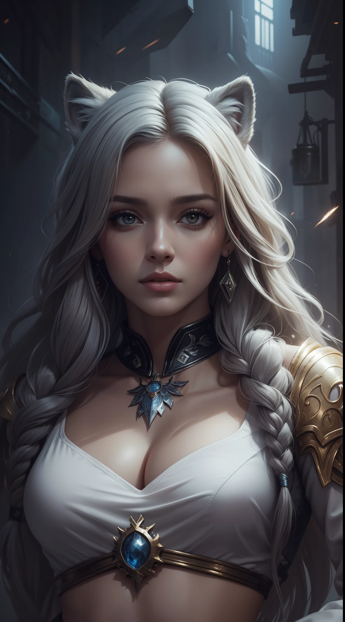 unreal engine:1.4,UHD,Best quality:1.4, photorealistic:1.4, skin texture:1.4, masterpiece:1.8,Una mujer con ropa de lobo y pelo de lobo blanco, gorgeous digital painting, digital fantasy portrait, Mujer joven con cabeza de lobo, Fantasy Art Portrait, Magnificent digital art, Impresionante pintura digital, Alena Aenami y Artgerm, beautiful fantasy art portrait, Atractiva chica lobo blanco, Hermosa obra de arte digital, inspirado por Magali Villeneuve