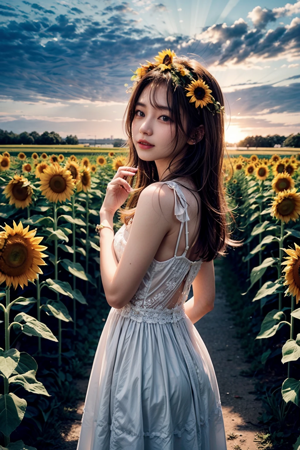 A woman in a white dress standing in a field of sunflowers - SeaArt AI