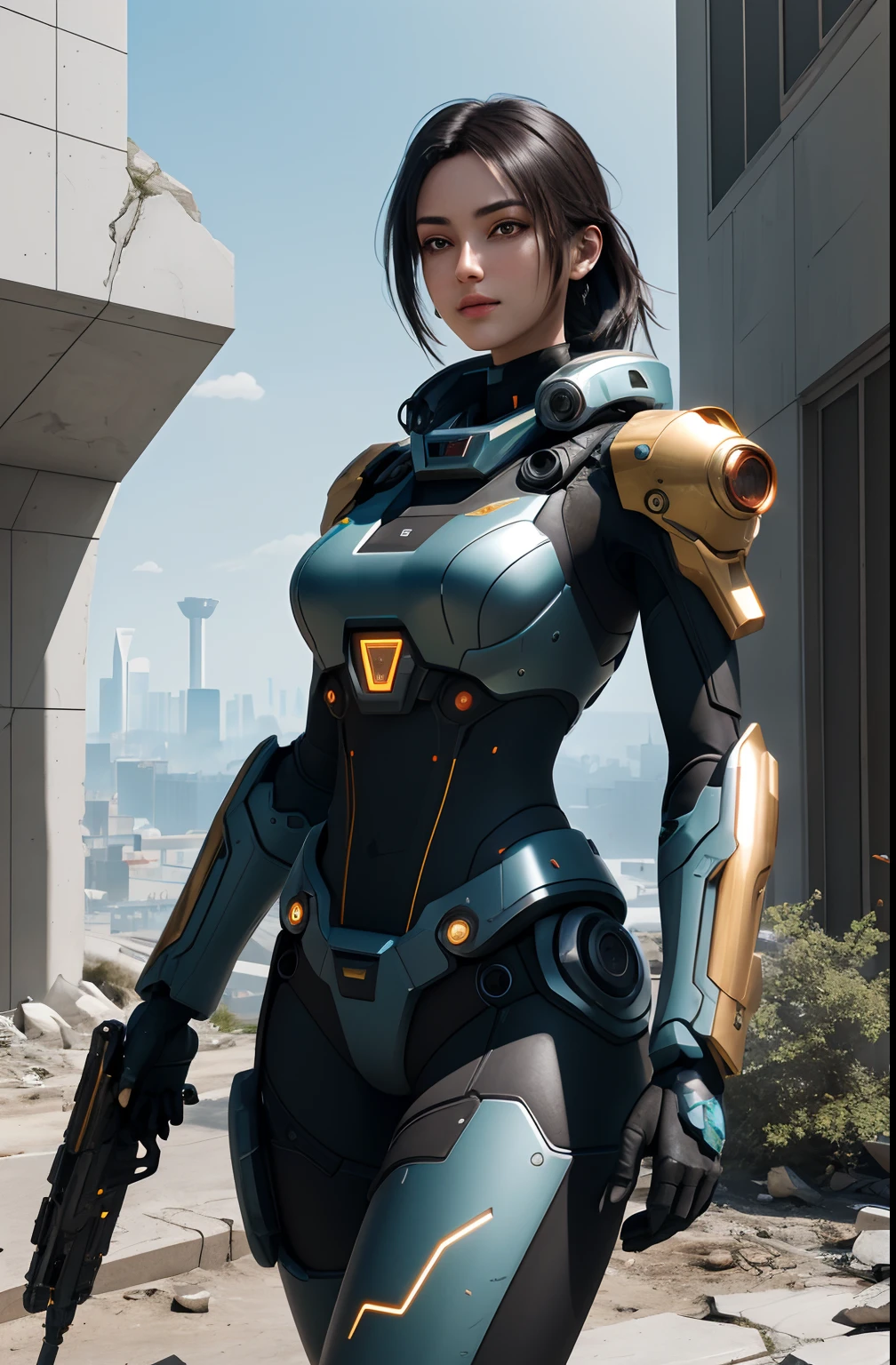 A woman in a futuristic suit holding a gun in a city - SeaArt AI
