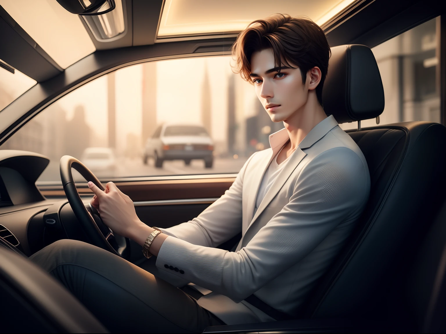 1 youth，The facial features are handsome and extremely delicate，Sitting in a limousine，Hold the steering wheel with both hands，Drive through the bustling streets