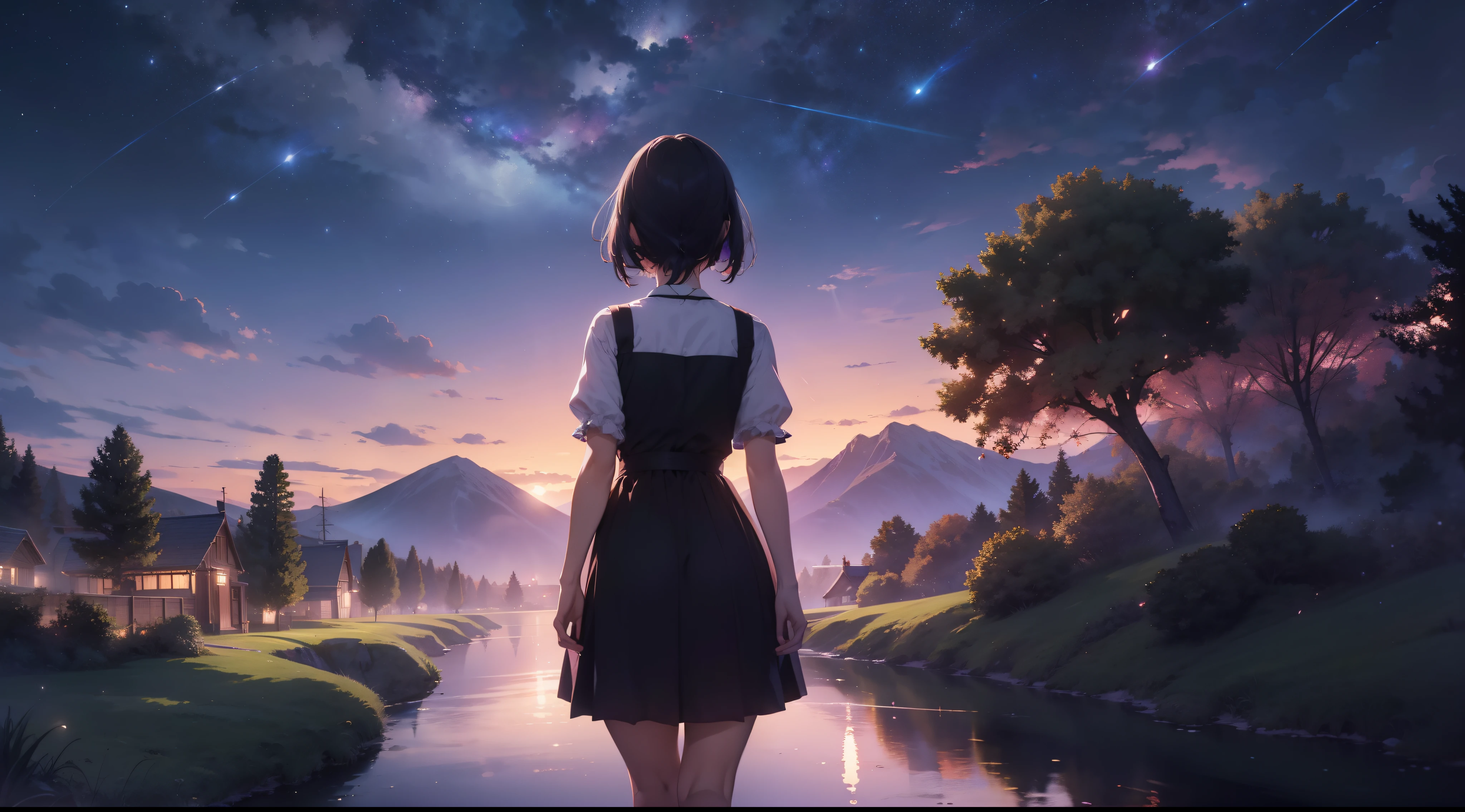Anime girl looking at the stars in the sky - SeaArt AI