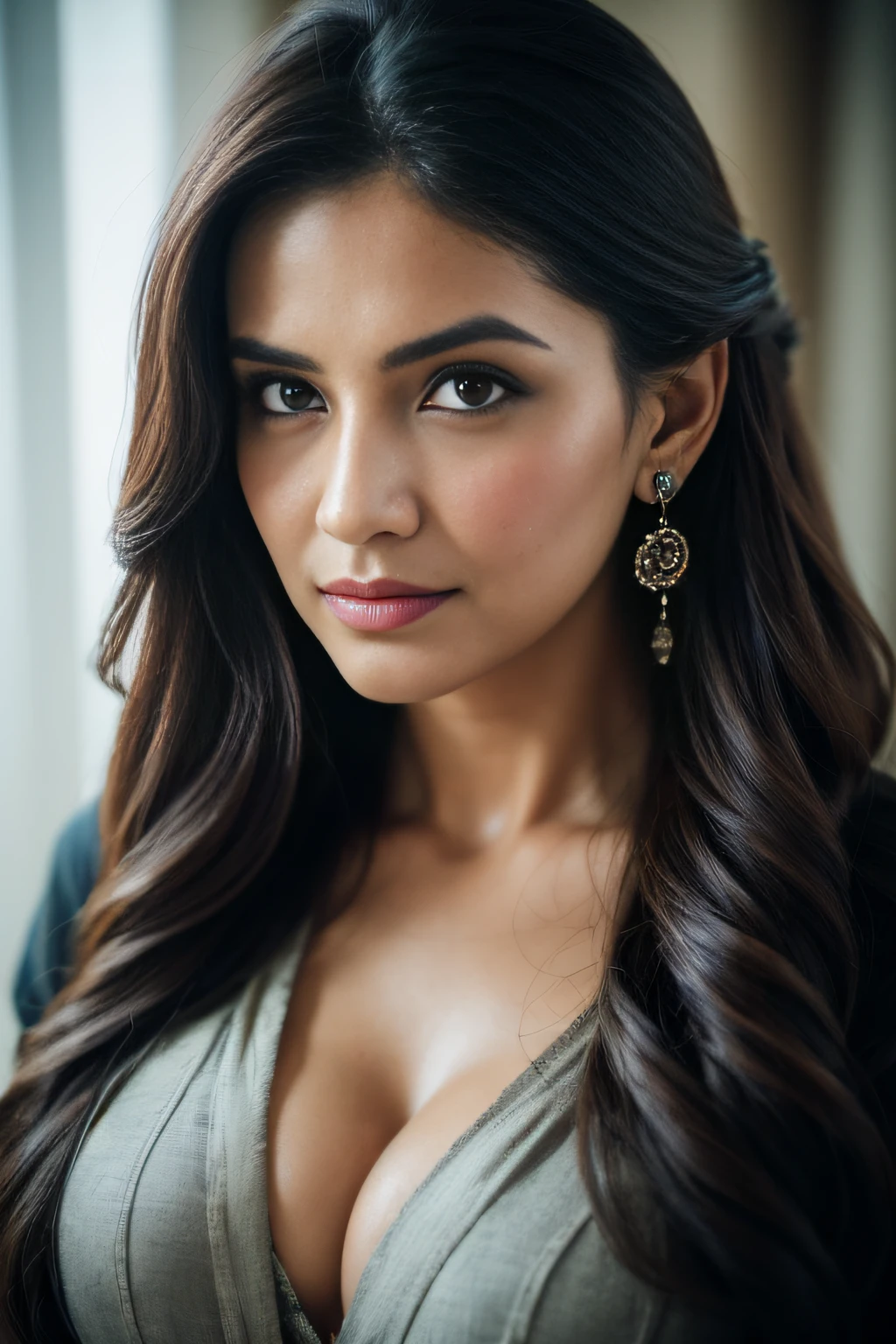 Portrait of A confident-looking Indian woman with a bun of long and thick hair tied behind and covered with flowers, hazel eyes, dirty and wet seethrough clothes, a smile on the face, a lusty look, lying on muddy road in a village, d-cup breast, perfect composition, hyperrealistic, super detailed, 8k, high quality, trending art, trending on artstation, sharp focus, studio photo, intricate details, highly detailed, art by Greg Rutkowski