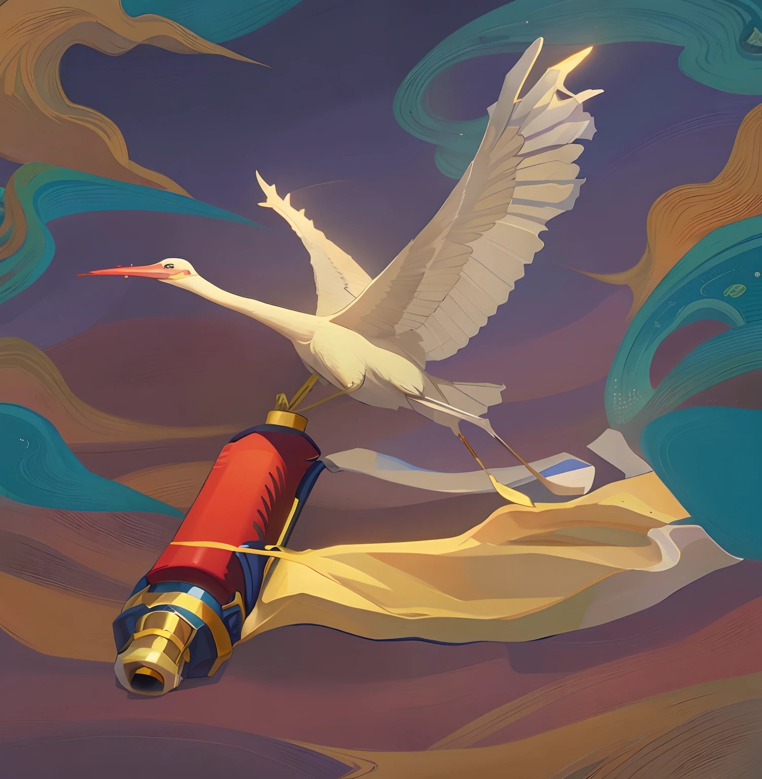A crane flew over the scroll, Surreal cranes, ophanim has bird wings, inspired by Aldus Manutius, brass beak, surrealistic bird, Concept illustration, concept-art, concept-art, artist rendition, Drawing on Chinese rice paper, concept piece, gold and silver ink, Inspired by David Roberts, rendered illustration,Traditional Chinese painting,China-style,hyper qualit,white backgrounid,clean backdrop,artistic conception,impressionistic,