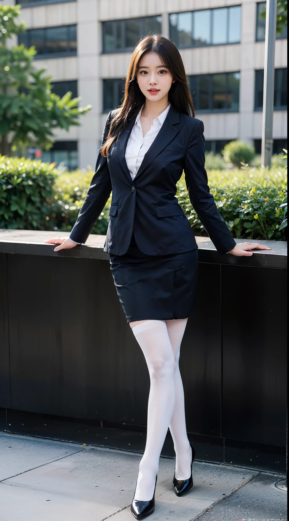 best qualtiy, Full body like，Refined face，pretty  face，20yo woman，slimfigure，Larger bust，office lady uniform，Office wear，white stockings，Outdoor scene，yellow long hair