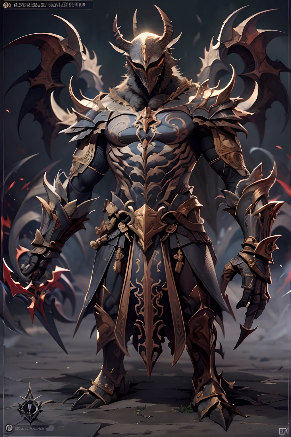 Game character standing drawing design,Hell monsters,Short,Thick limbs,Muscle explosions,Covered with scales and barbs,cunning,shadowy,uncanny,terroral,scythe,Fighting posture,(full bodyesbian:1.4),with black background,clean backdrop,depth of fields,high light,Real light,Ray traching,OC renderer,UE5 renderer,Hyper-realistic,best qualtiy,8K,Works of masters,super-fine,Detailed pubic hair,Correct anatomy,