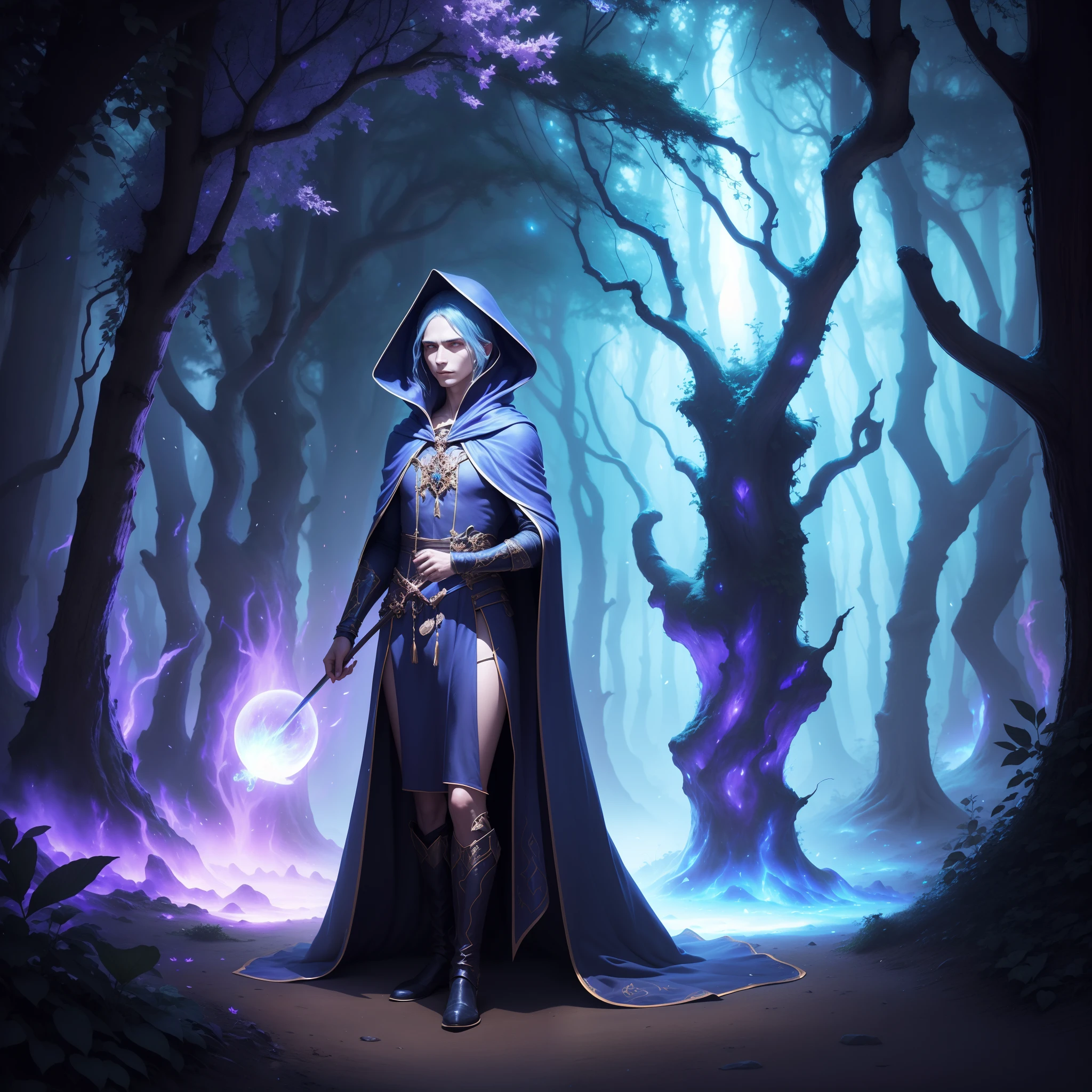 A mysterious sorcerer, cloaked in a shimmering indigo robe, stands at the entrance of a hidden enchanted grove, bathed in ethereal moonlight. Wisps of mist curl around ancient trees, casting an otherworldly glow, while luminous fireflies dance in the air. With dreamlike colors and soft focus, capture the enchantment of this moment using the magical style of Tim Walker.