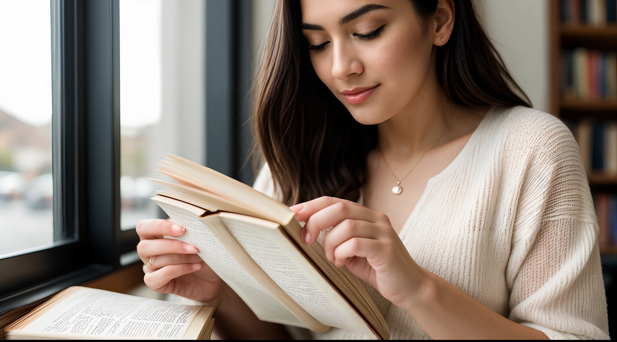 instagram photo, closeup face photo, The elegance of a woman's hands delicately turning the pages of a book, each gesture a reflection of her connection to the written word, Sony A7R III with 50mm f/1.8 lens, diffused window light, storytelling photography.