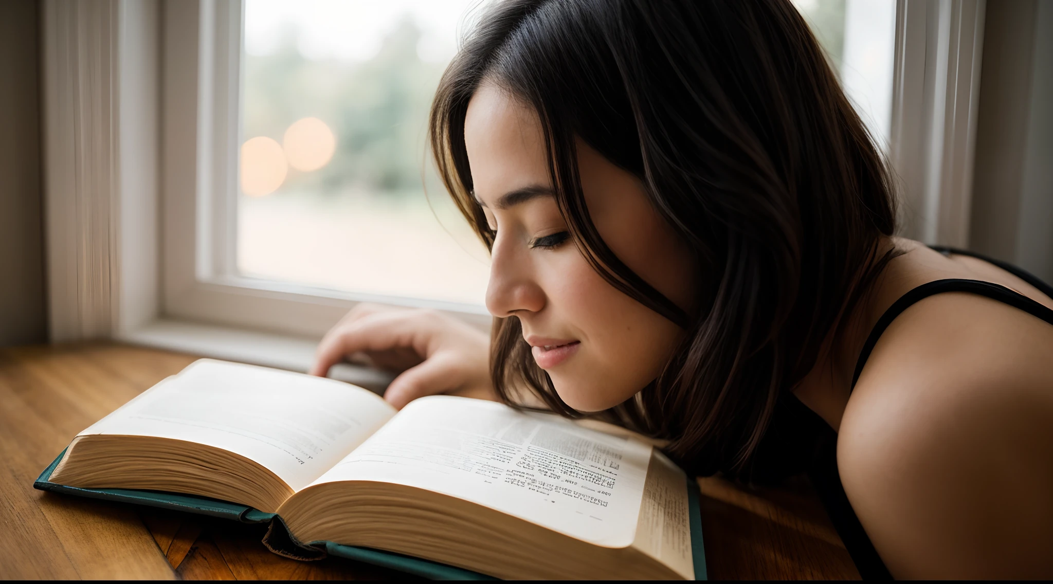 instagram photo, closeup face photo, The elegance of a woman's hands delicately turning the pages of a book, each gesture a reflection of her connection to the written word, Sony A7R III with 50mm f/1.8 lens, diffused window light, storytelling photography.