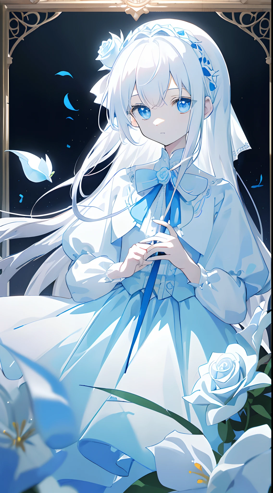 ((masterpiece,best quality)),beautiful teenage girl,Pale maiden,(((Rose blanche))),white shirt,((bandagens)),bloods,The screen contrast is low,High brightness,White hair,Rose flower,bloods,Light blue leaves,softlighting,misterious ambience,