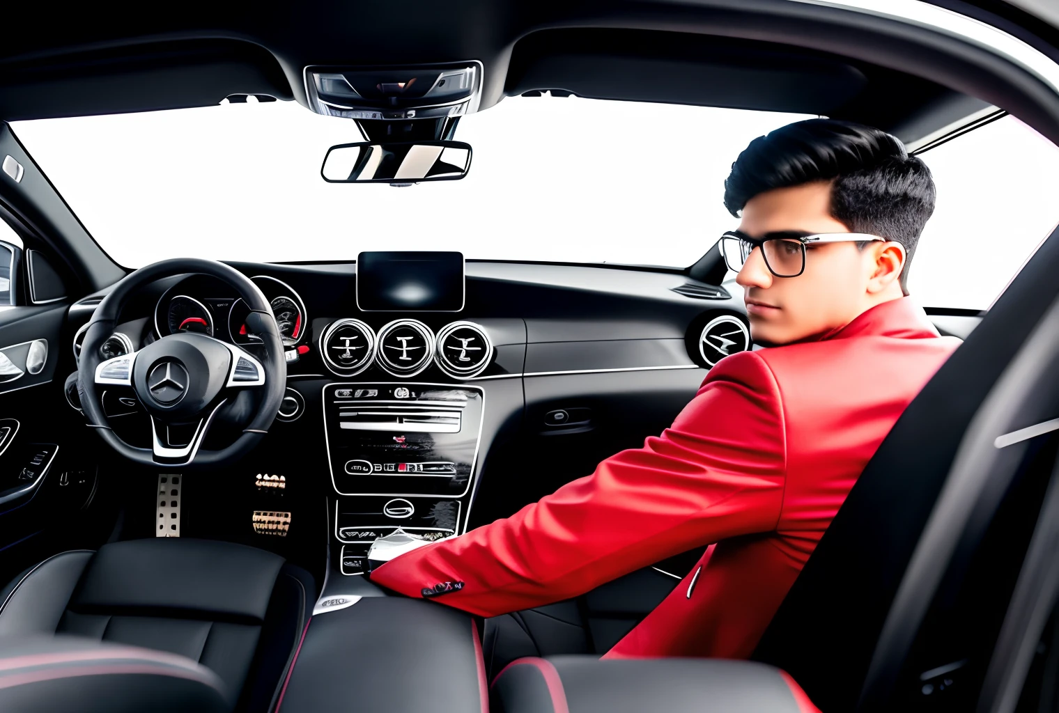 An 18-year-old young man wearing black glasses and a black suit with short black hair rides a black Mercedes in a luxurious garage full of beautiful colored cars ,8k