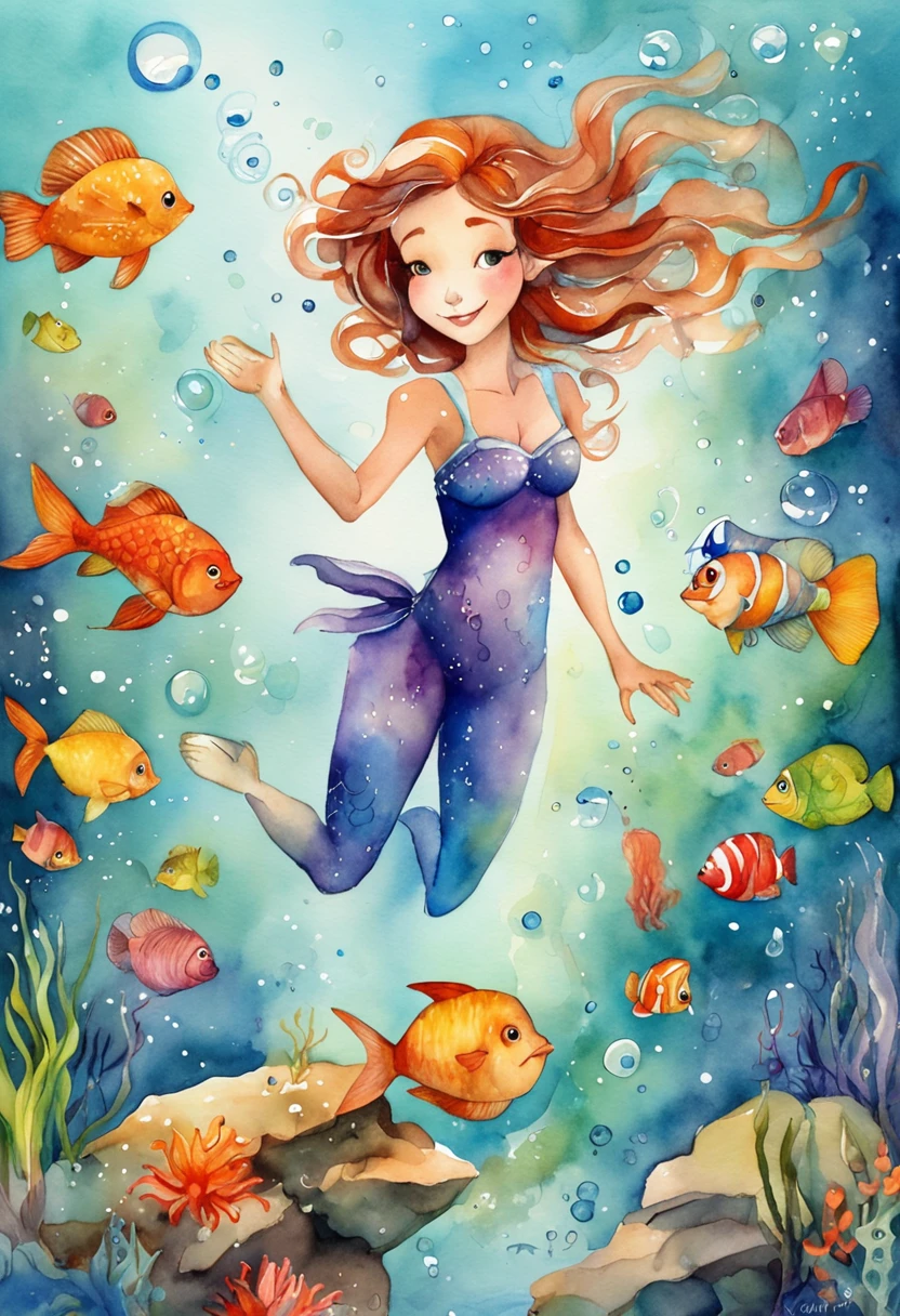 In the style of Andy Kehoe, Paul Klee, Tracy Grimwood. A naked mermaid, dances on the sea floor along with fish, seahorses, squid