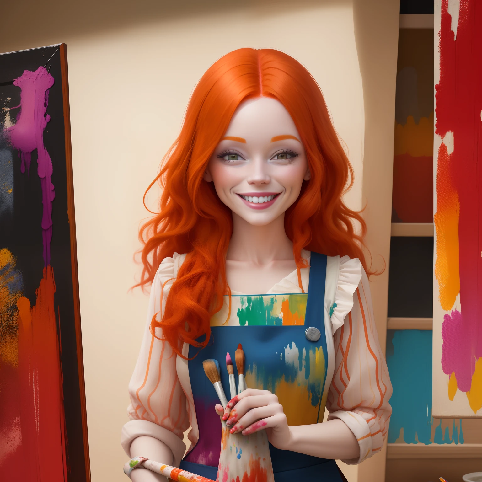 A smiling ginger woman wearing a colorful apron and with a colorful palette of paints in her hand, Estilo Disney