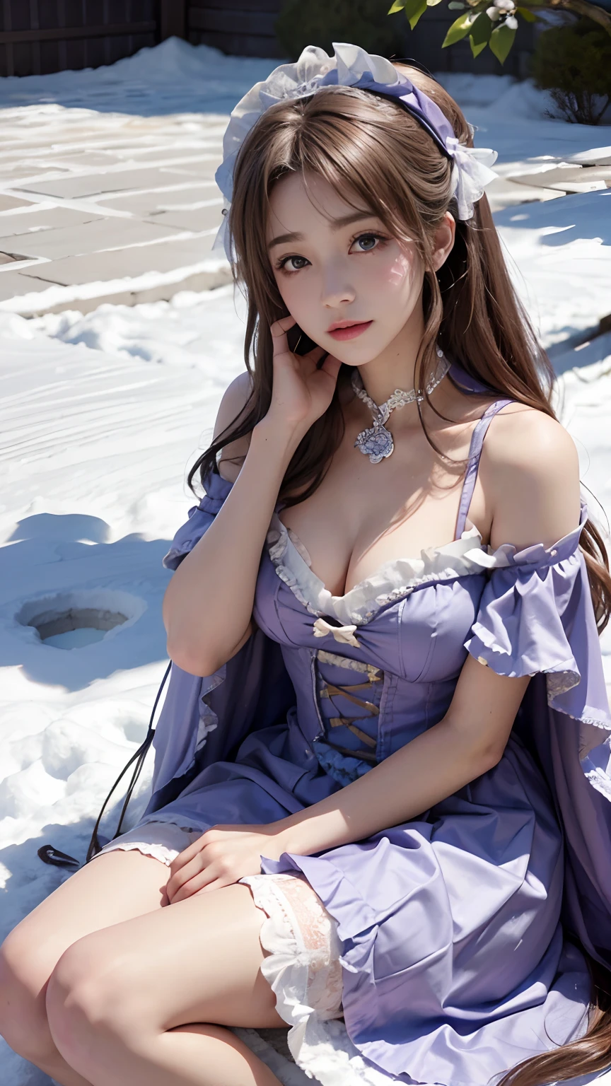 8K, best qualtiy, masterpiece, photograph realistic, Hide your face with happiness, purple ta costume, Lace, Aerith Gainsborough, sitting, whole body, undergarments, exposed bare shoulders, do lado de fora, outside, Covered with snow, cloaks, high high quality, Adobe Lightroom, highdetailskin, looking at viewert,
