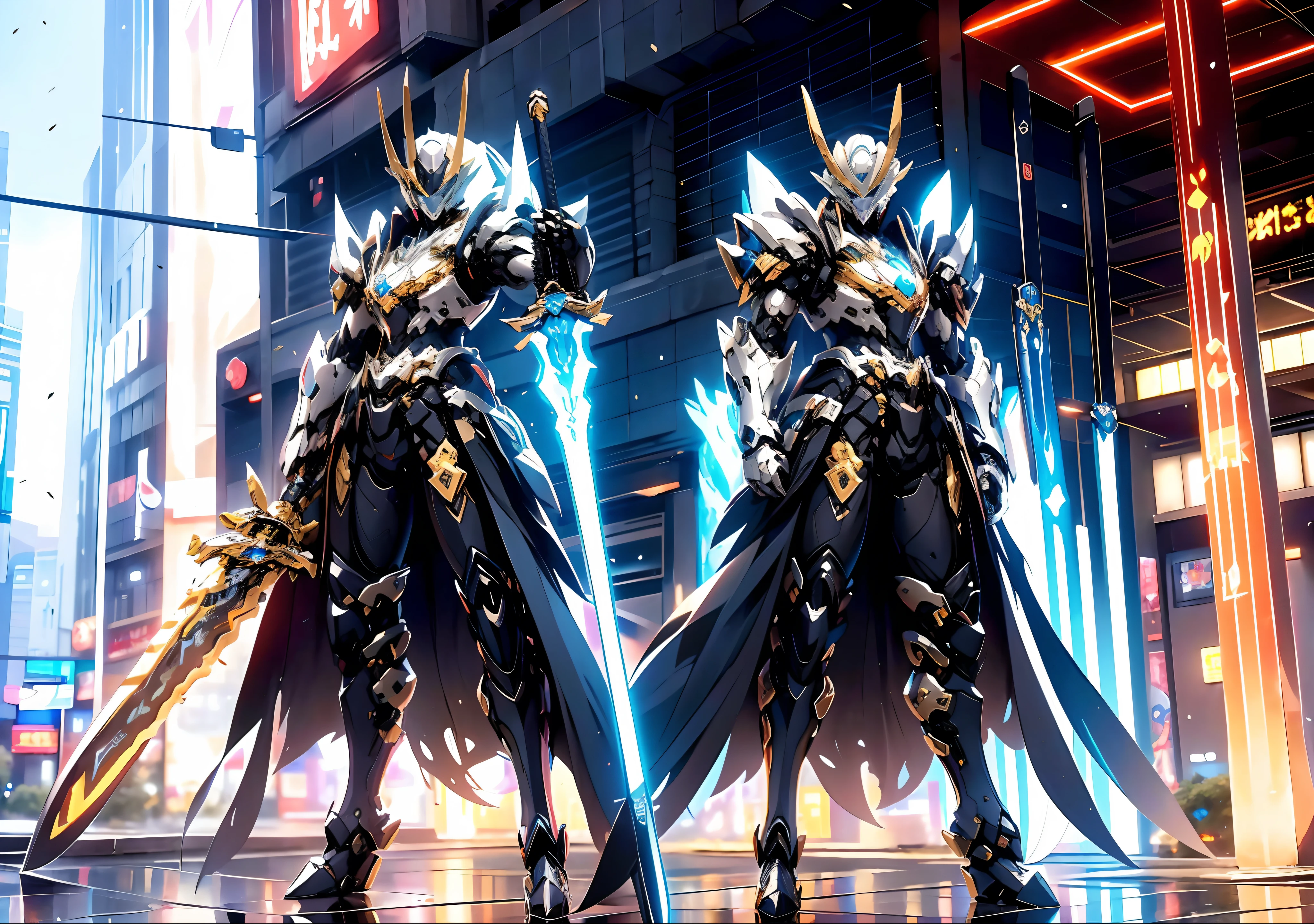 super wide shot, Full body frontal photo,Alphard image of a mecha female warrior, from girls frontline, Mecha warrior style, girls frontline universe, Fine details. Girl front, in mecha style,Fighting posture,giant mecha,(Smooth surface),Cyberpunk-city,White is the main color,With brown、Decorative color of gold,。There are powerful thrusters,(crystal:1.3),(((巨作))),(((Best quality))),((ultra - detailed))((Extremely detailed CG)),((16K resolution))((An extremely delicate and beautiful)),{Photorealistic},Full of detailed light blooms,A masterpiece from the Canon EOS R6 shooting,((tmasterpiece)) ,电影灯光,独奏,Unreal Engine 5,(Japanese Katana Sword,Superb craftsmanship、Elegant and powerful katana。The blade is slender and graceful,Built with futuristic technology。The body of the knife is carved with fine ornaments,Showcasing mythical creatures and symbols of power。The handle is made of precious metal material),salama,raiden