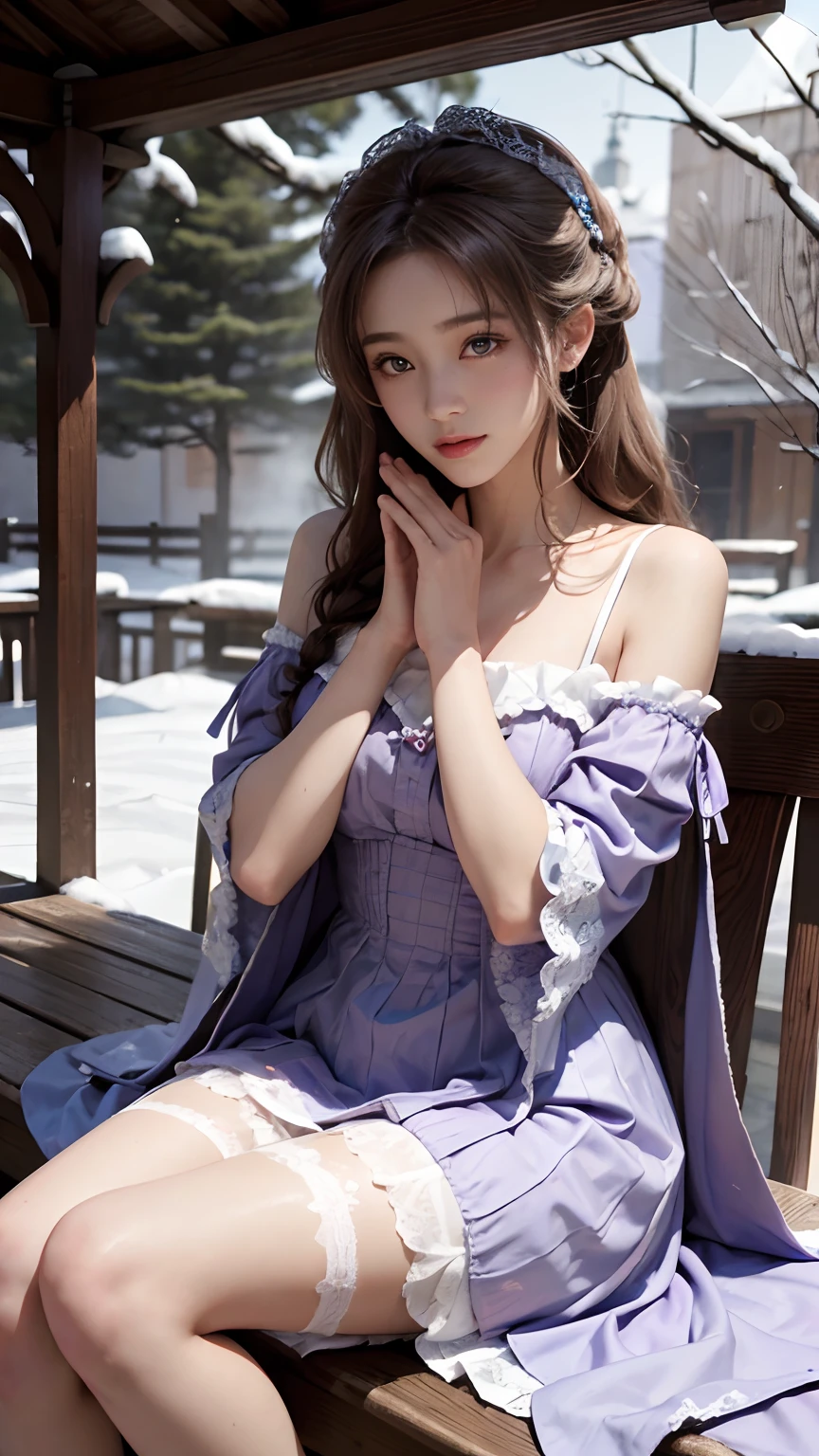 8K, best qualtiy, masterpiece, photograph realistic, Hide your face with happiness, purple ta costume, Lace, Aerith Gainsborough, sitting, whole body, undergarments, exposed bare shoulders, do lado de fora, outside, Covered with snow, cloaks, high high quality, Adobe Lightroom, highdetailskin, looking at viewert,