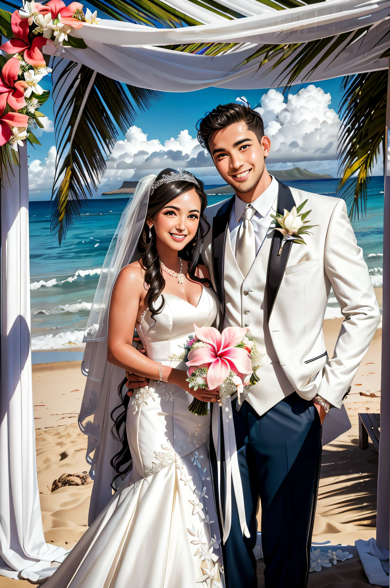 Here are detailed prompts for an illustration of a bride and groom taking wedding photos on the sandy beach of Hawaii.
Scene: A bride and groom are taking wedding photos on a Hawaiian beach.
Time: Evening
Weather: Sunny
Background: A typical Hawaiian landscape with blue waters, white sandy beaches and palm trees.
person:
Bride: Wearing a pure white wedding dress and a long veil.
Groom: Wearing a tuxedo or suit, he is leading the bride by the hand.
Surroundings: The bride and groom are surrounded by Hawaiian flowers and plants with the ocean in the background.
Specifically, the bride wears a pure white wedding dress and wears a long veil. The wedding dress has a classical design with plenty of lace and frills. The veil is long enough to obscure the bride's face and flutters in the wind.
The groom is wearing a cream tuxedo and holding the bride's hand. The tuxedo is a classic style with slim ties and wingtips.
The bride and groom are surrounded by Hawaiian flowers and plants with the ocean in the background. Flowers are representative of Hawaii, such as hibiscus and plumeria. The plants are common on the coast of Hawaii, such as palm trees and plumeria trees.
This illustration is an image celebrating marriage in Hawaii. It is very romantic to see a bride and groom pledging their eternal love in the beautiful nature of Hawaii.
The sea breeze blows the hem of the bride's wedding dress.
The groom is gently brushing away the bride's veil.
The two are smiling happily at the camera.
This illustration is a wonderful representation of a Hawaiian wedding. The image of a bride and groom pledging their eternal love in Hawaii is very impressive.