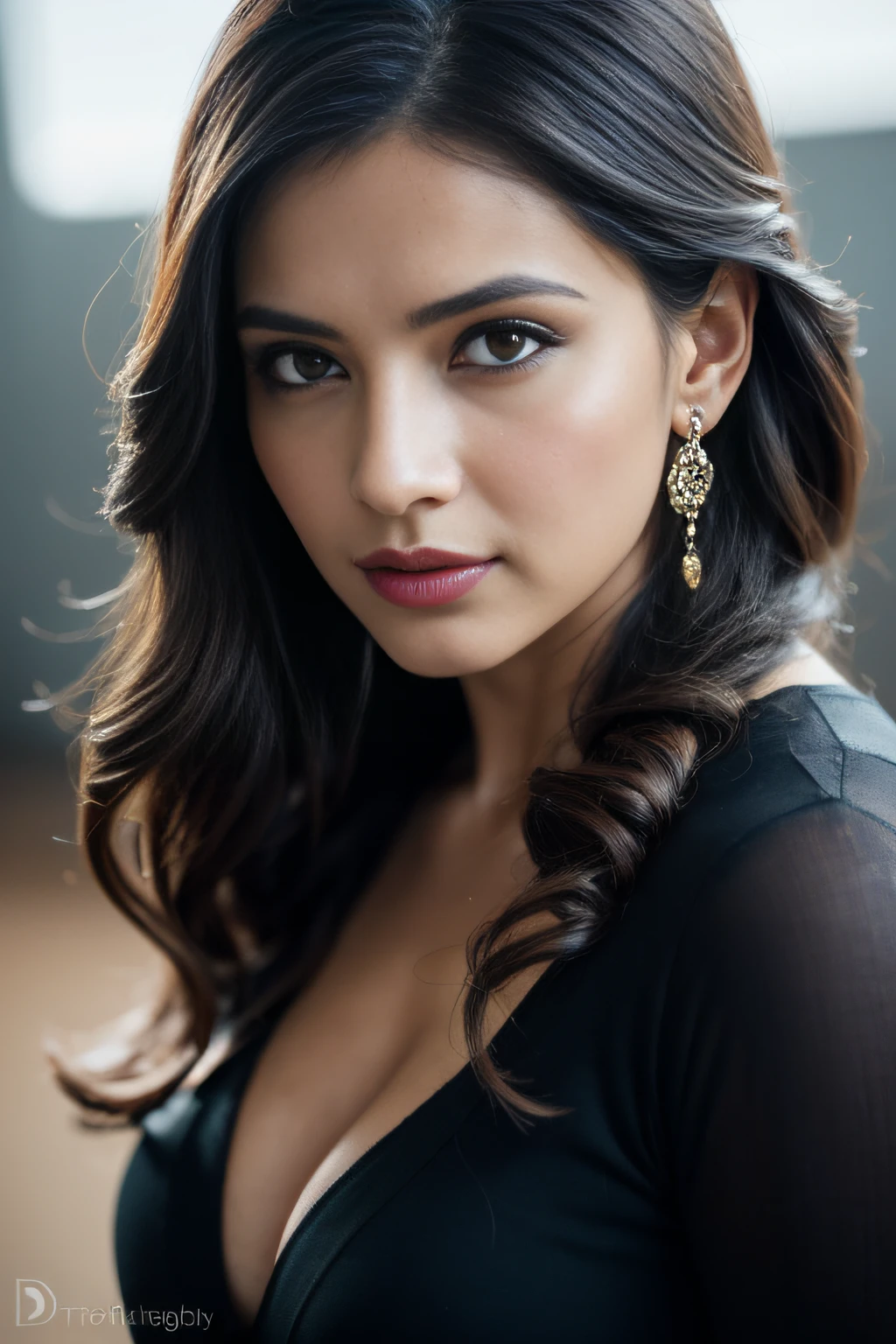 Portrait of A confident-looking Indian woman with a bun of long and thick hair tied behind and covered with flowers, hazel eyes, dirty and wet seethrough clothes, a smile on the face, a lusty look, lying on muddy road in a village, d-cup breast, perfect composition, hyperrealistic, super detailed, 8k, high quality, trending art, trending on artstation, sharp focus, studio photo, intricate details, highly detailed, art by Greg Rutkowski