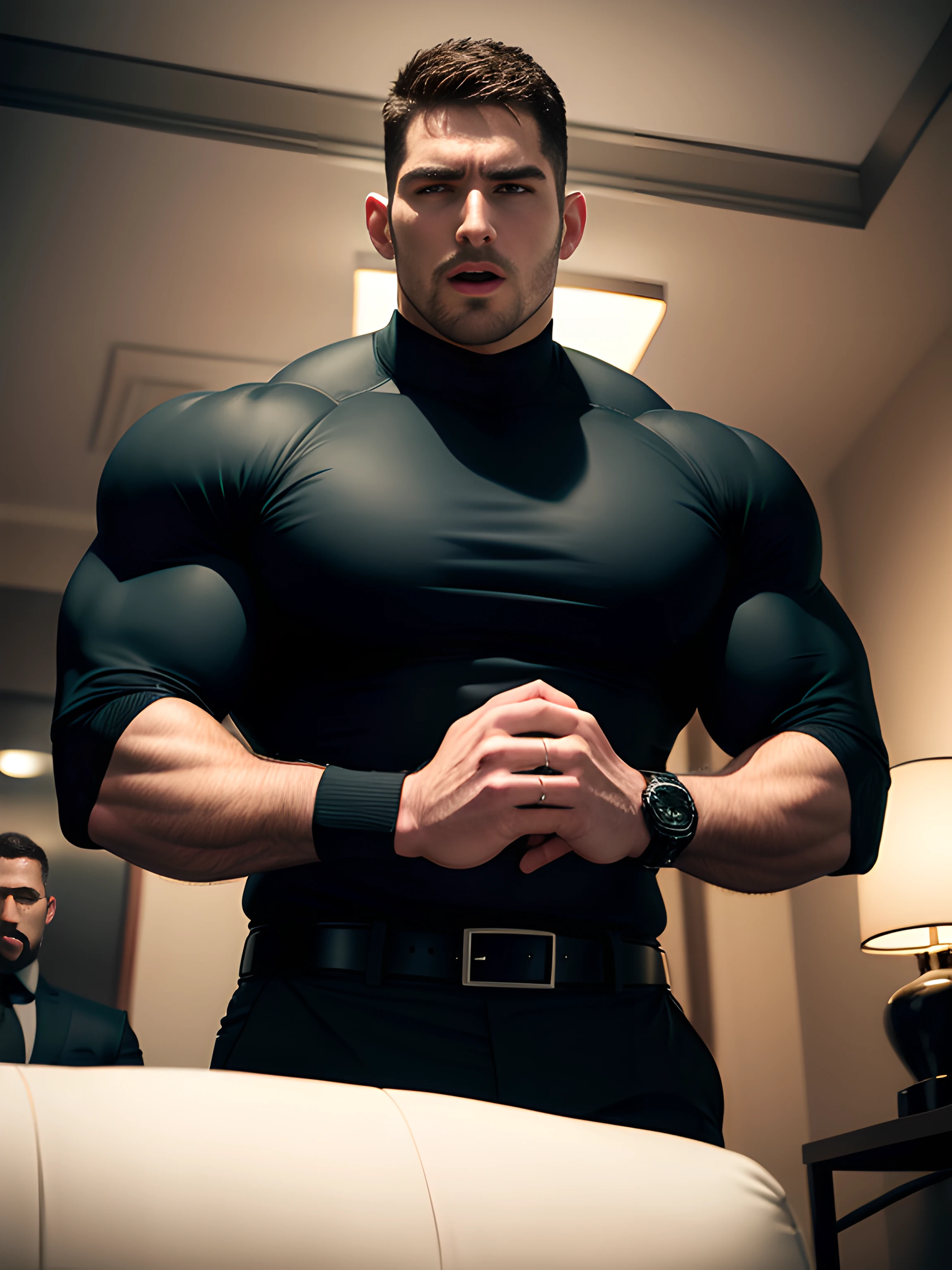 Muscular security guard with open mouth,Chris Redfield,He wears a long-sleeved turtleneck sweater,He had sad eyes in his eyes,Grievanced frown,Emerald charming eyes,Tall and burly,musculous!Tall, Burly and strong, Extremely detailed depiction of faces,Exquisite facial features,super gain and cool, commission for high resolution, Attractive strong men,His luxurious living room