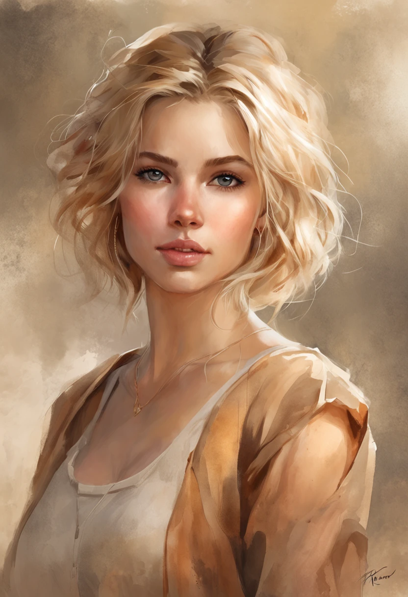 professional, (4k photo:1.1) by (Jeremy Lipking:0.3), (Dittmann Anna:0.3), (Arian Mark:0.3), (Sharp focus:1.3), high detail, wearing (tight shirt:1.2), beautiful detailed face, hazel eyes, short blonde hair, (attractive young woman:1.3), (seductive:1.1), (blushing:1.1), hourglass body shape, natural breasts, wide hips